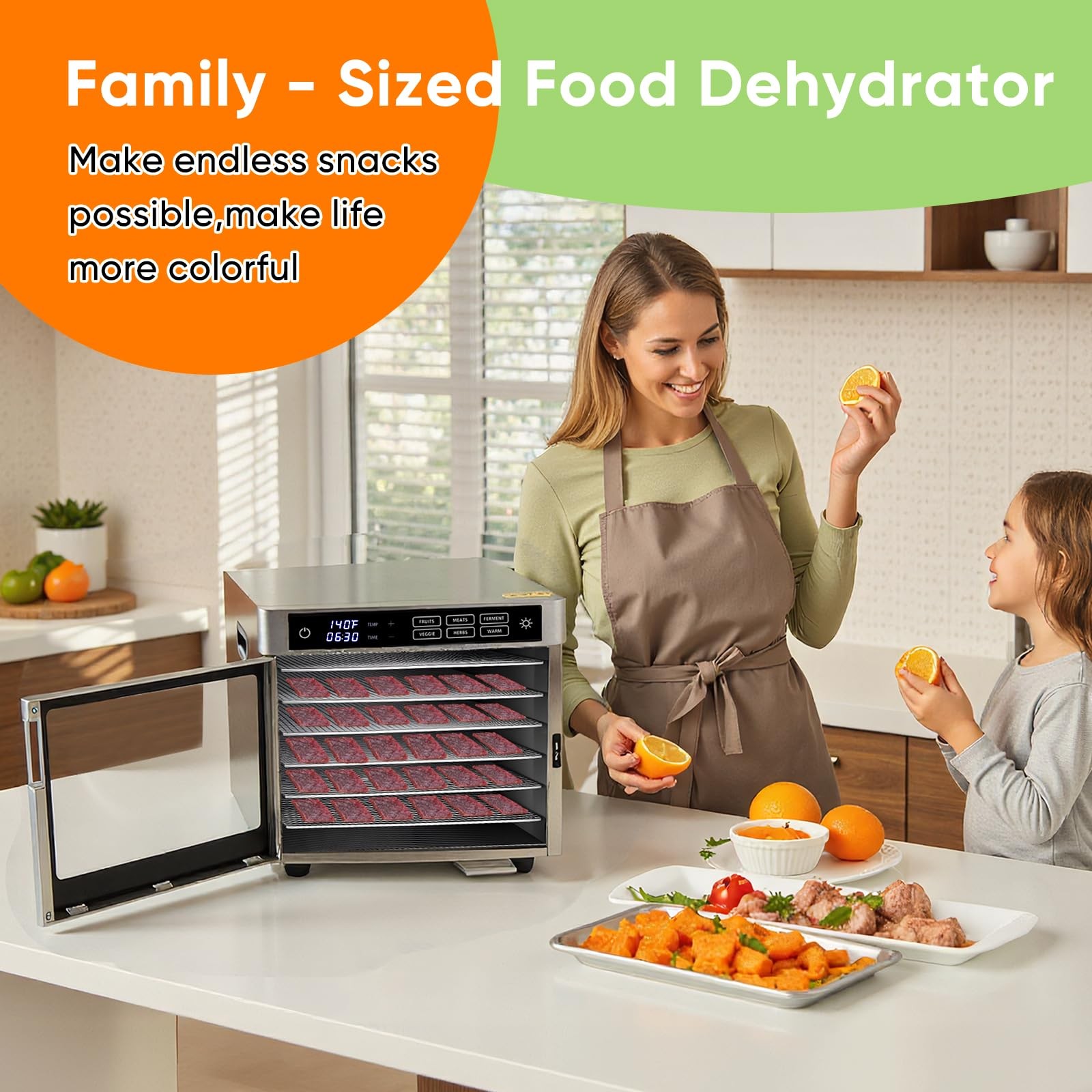6-Tray Stainless Steel Food Dehydrator, 500W Commercial Meat Jerky Maker with...