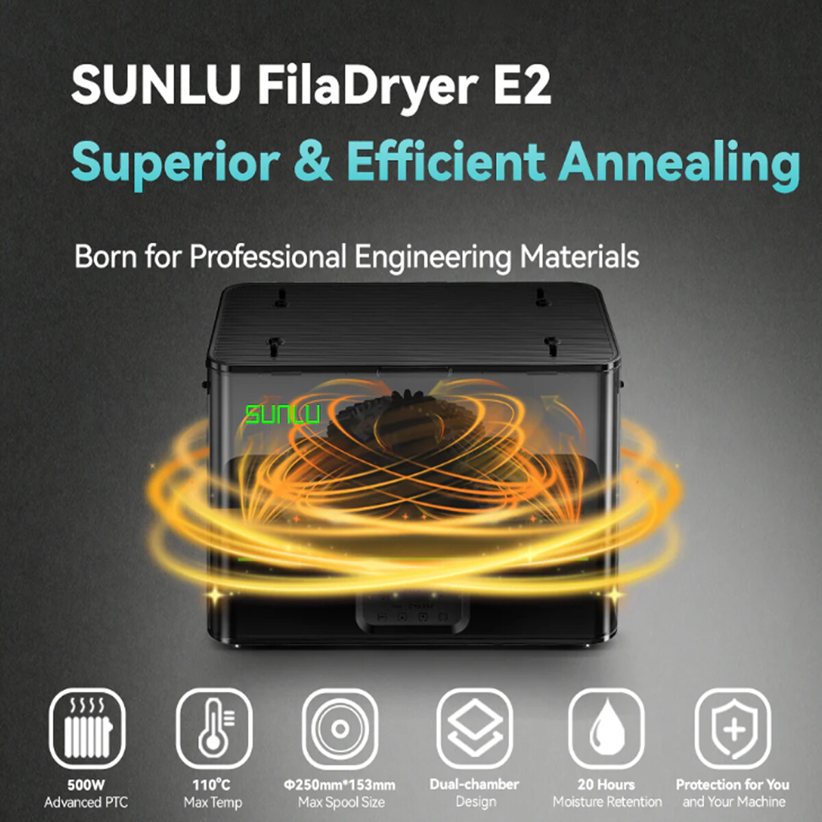 SUNLU E2 Filament Dryer Box,Up to 110℃,Support Annealing,For PA PLA PETG PC-ABS