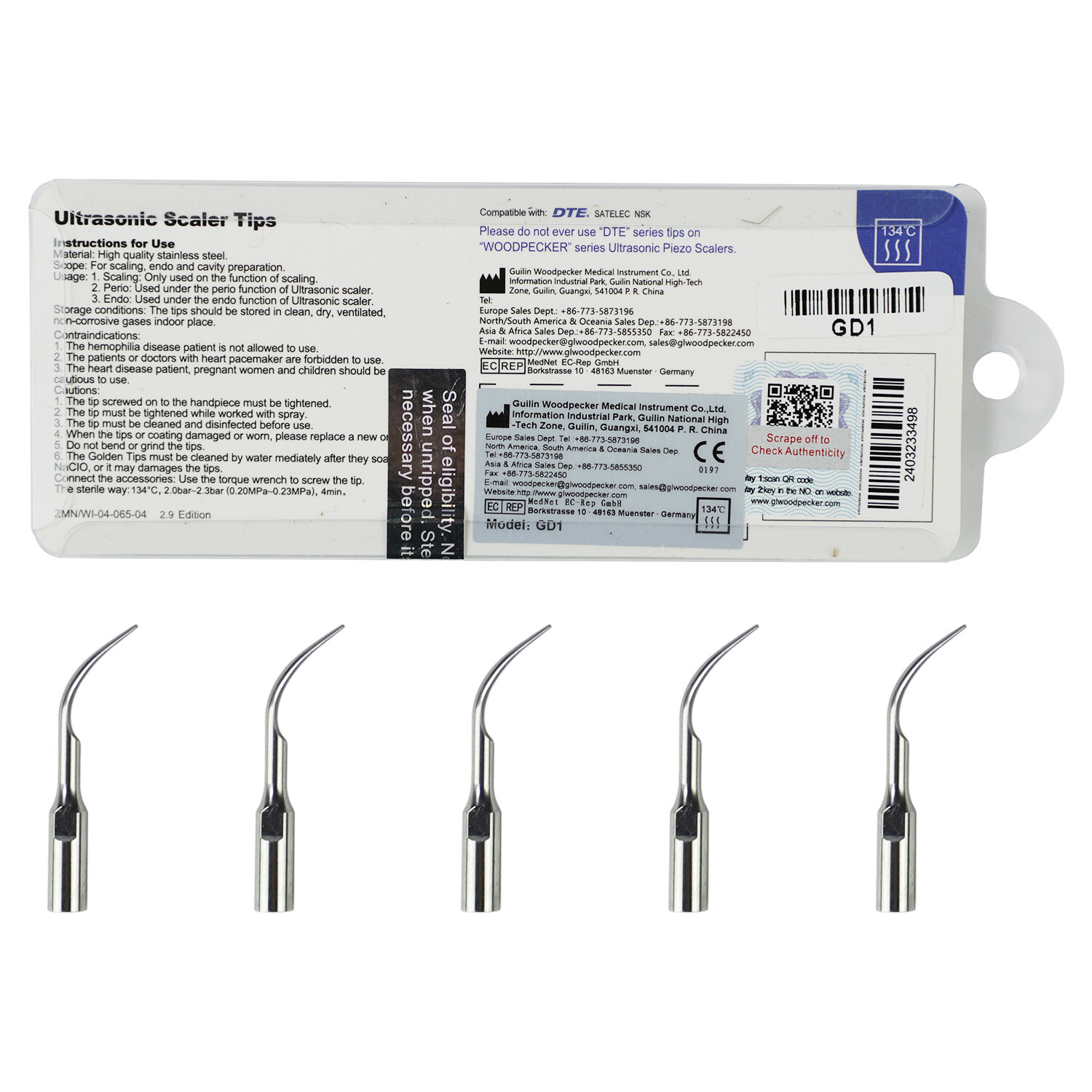 Woodpecker DTE Dental Ultrasonic Scaler Scaling Endo Perio Tips E ED G GD P PD