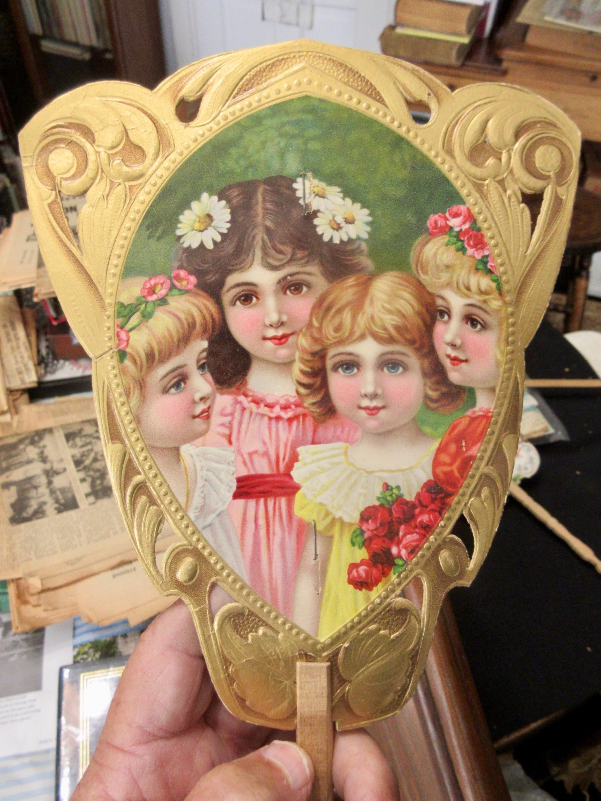 Antique 1920s Die Cut Advertising Hand Fan Sample Four girls