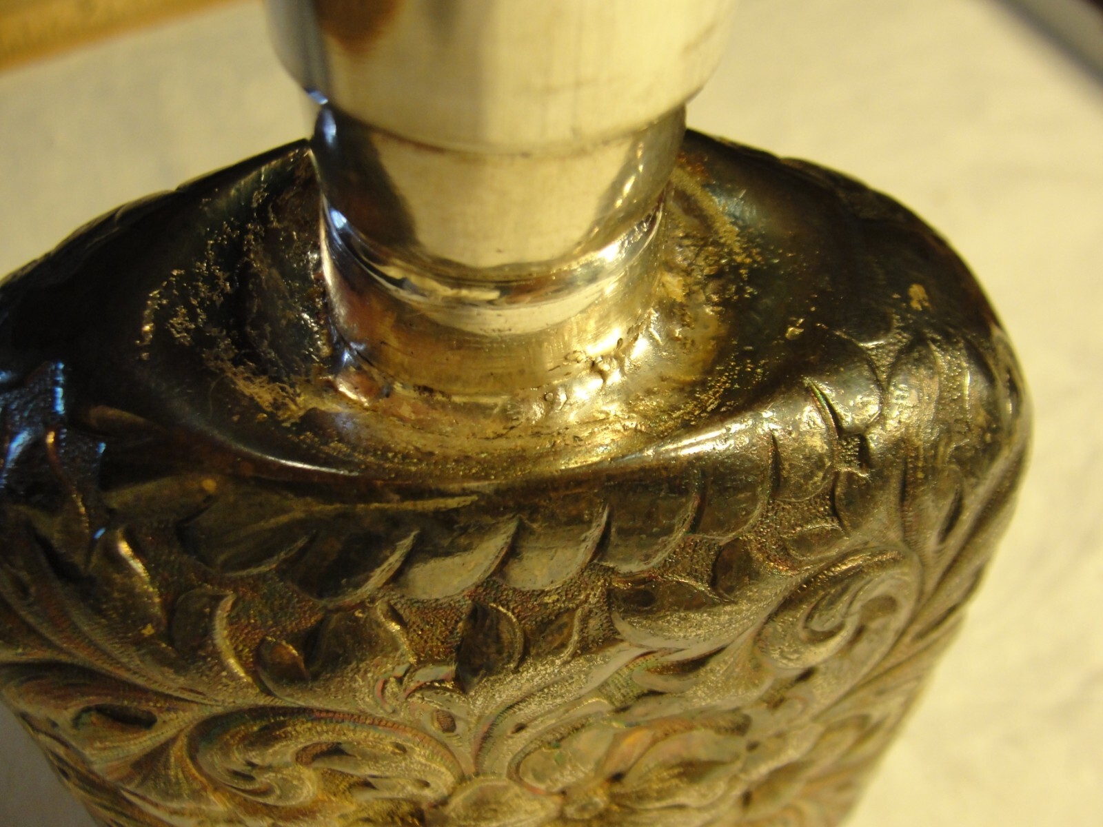 ANTIQUE REPOUSSE SIMPSON HALL MILLER SILVER PLATE FLASK TELESCOPING FUNNEL TOP