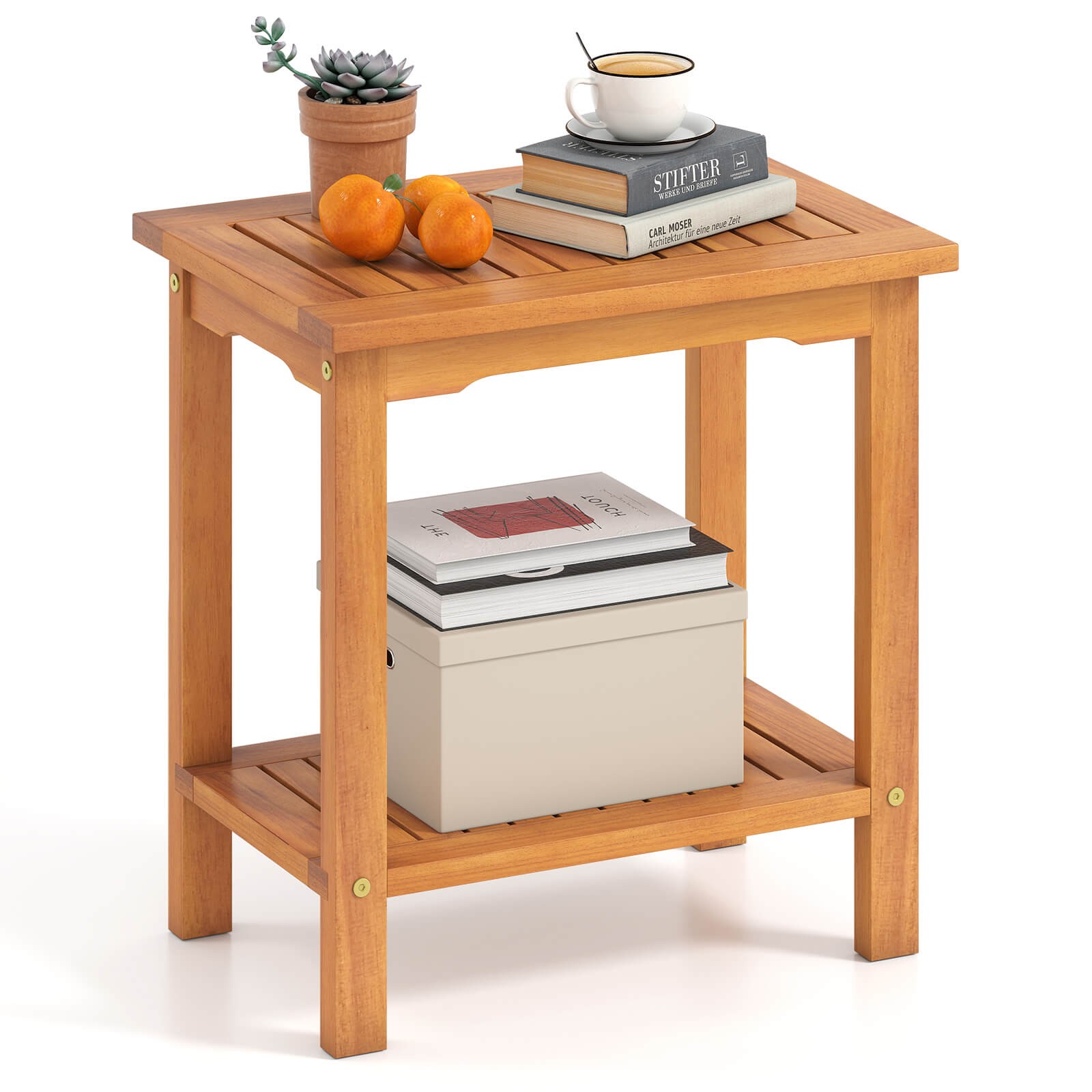 Outdoor Acacia Wood Side Table 2-Tier Patio End Table with Slatted Tabletop