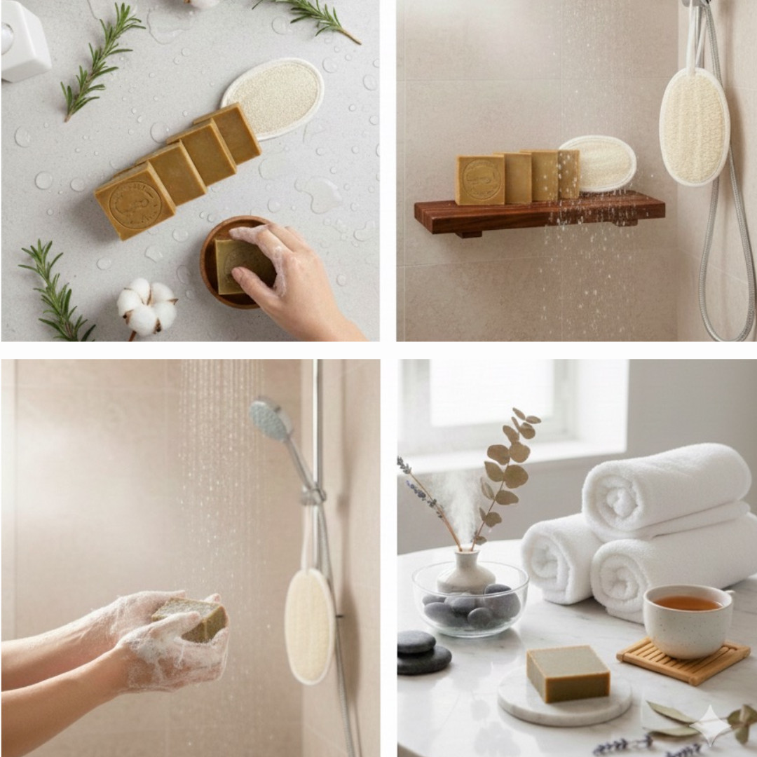 Alepo Soap Handmade Natural Ancient Olive & Laurel Oil Body Loofah 4 Bars Vegan