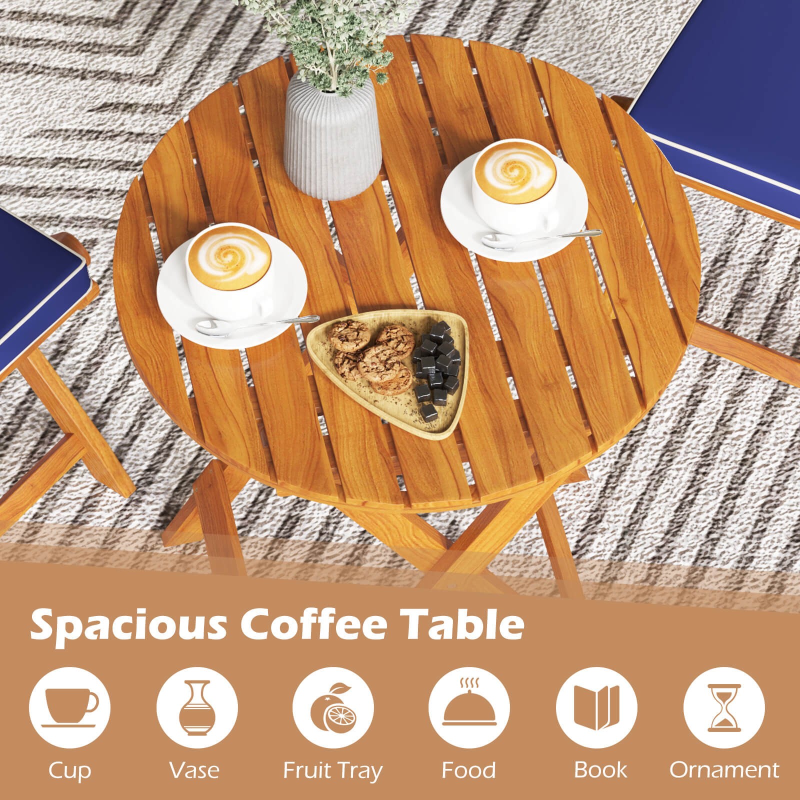 3 Pieces Acacia Wood Patio Bistro Set Folding Table & Chairs Set w/ Cushions