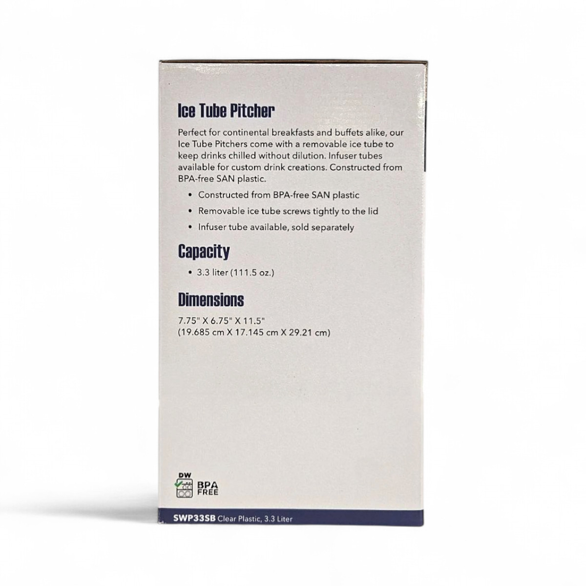 Service Ideas Acrylic Pitcher with Ice Tube, Smooth Body 3.3L