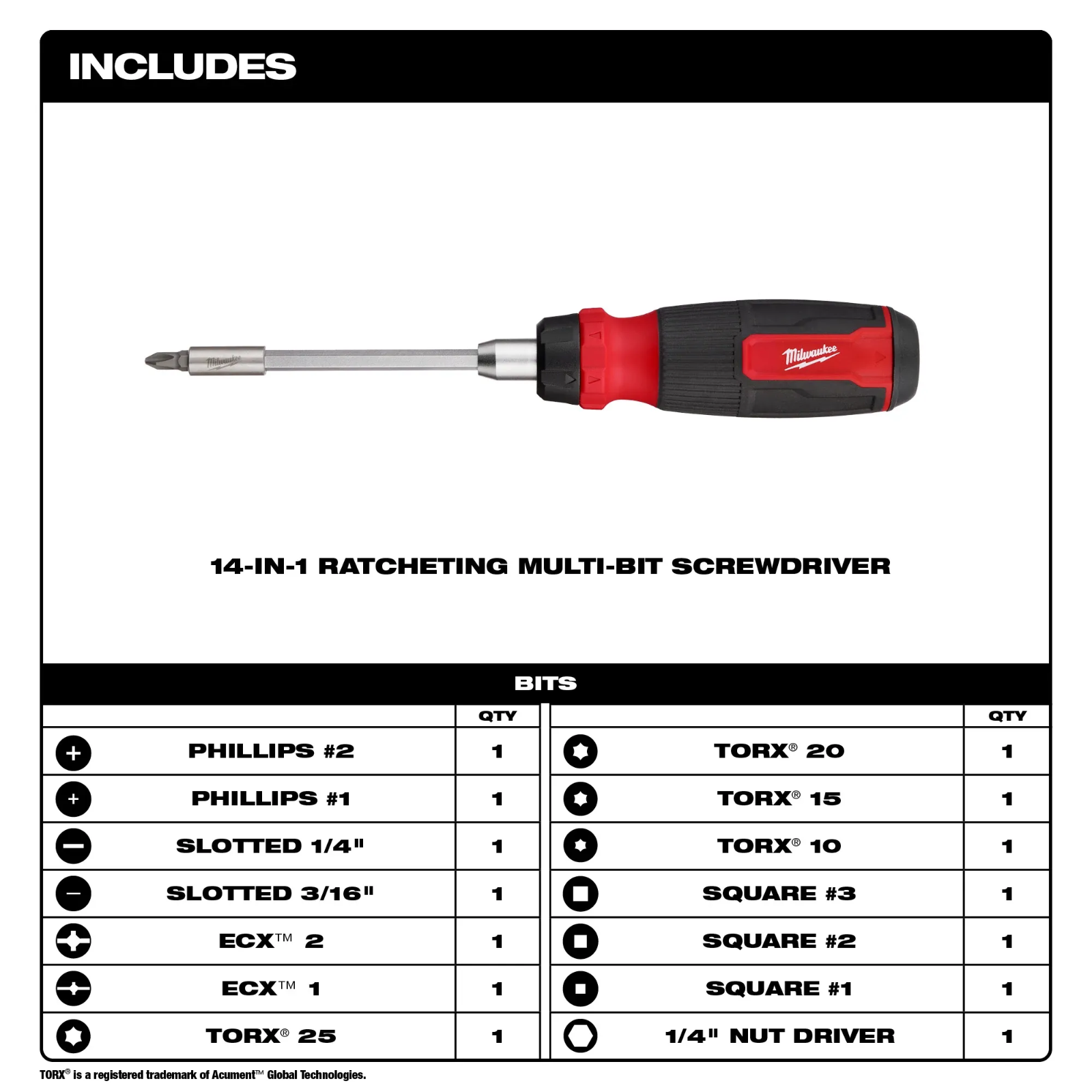 Milwaukee 48-22-2903 14-In-1 Ratcheting Multi-Bit Screwdriver
