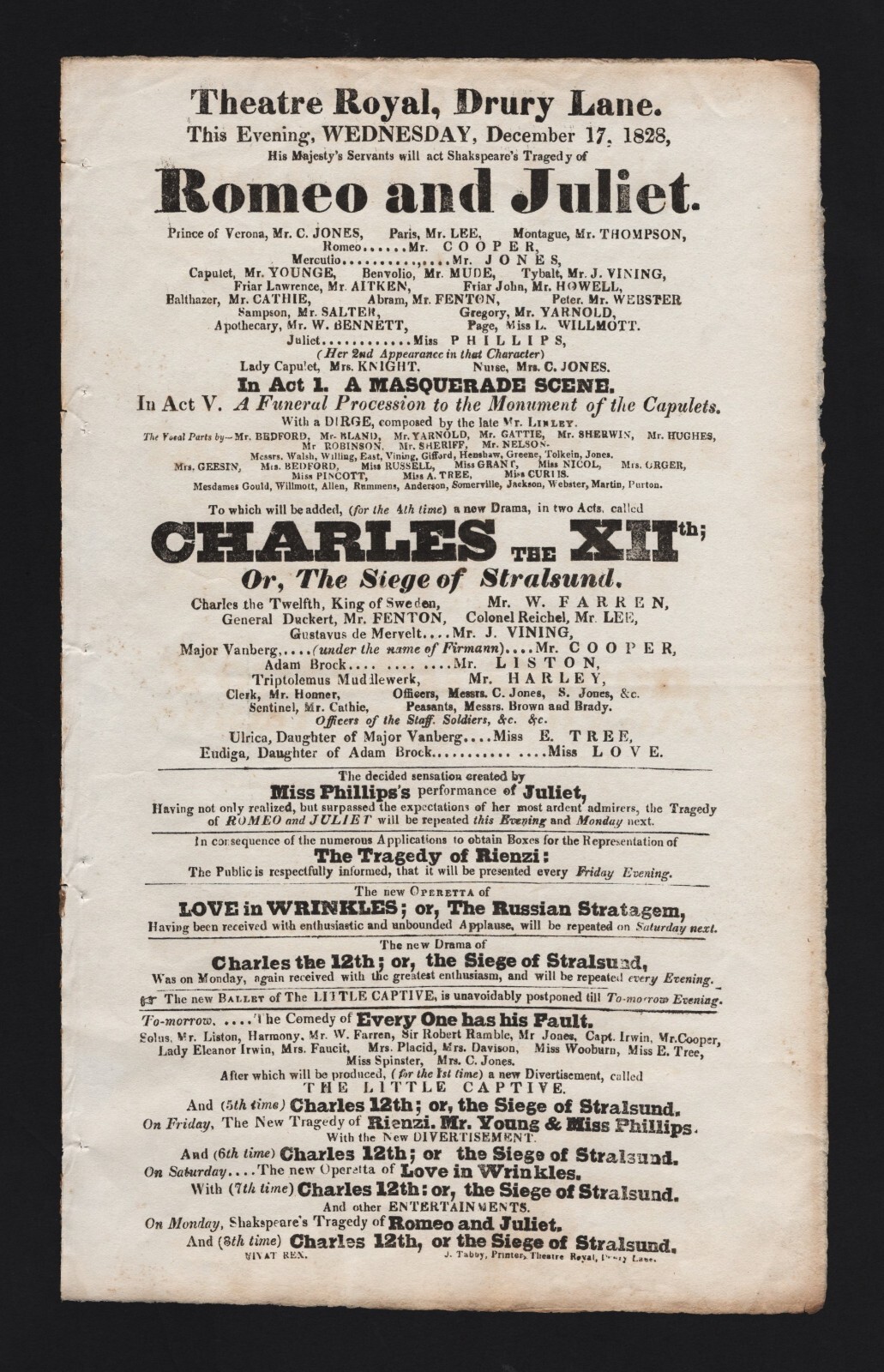 King George IV "ROMEO and JULIET" His Majesty's Servants 1828 London Broadside