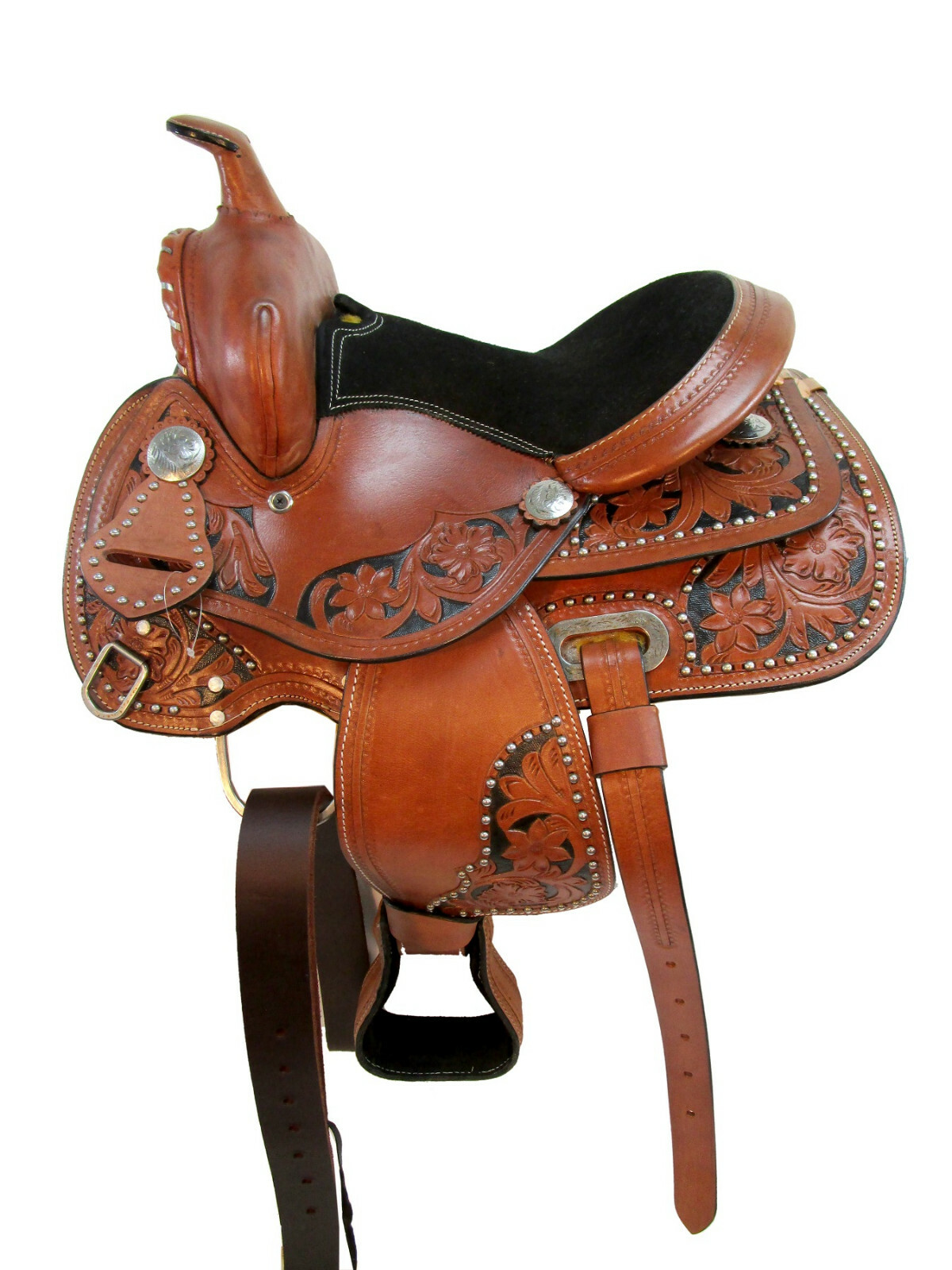 13 12 PONY WESTERN SADDLE PLEASURE FLORAL TOOLED LEATHER TRAIL BARREL RACING SET