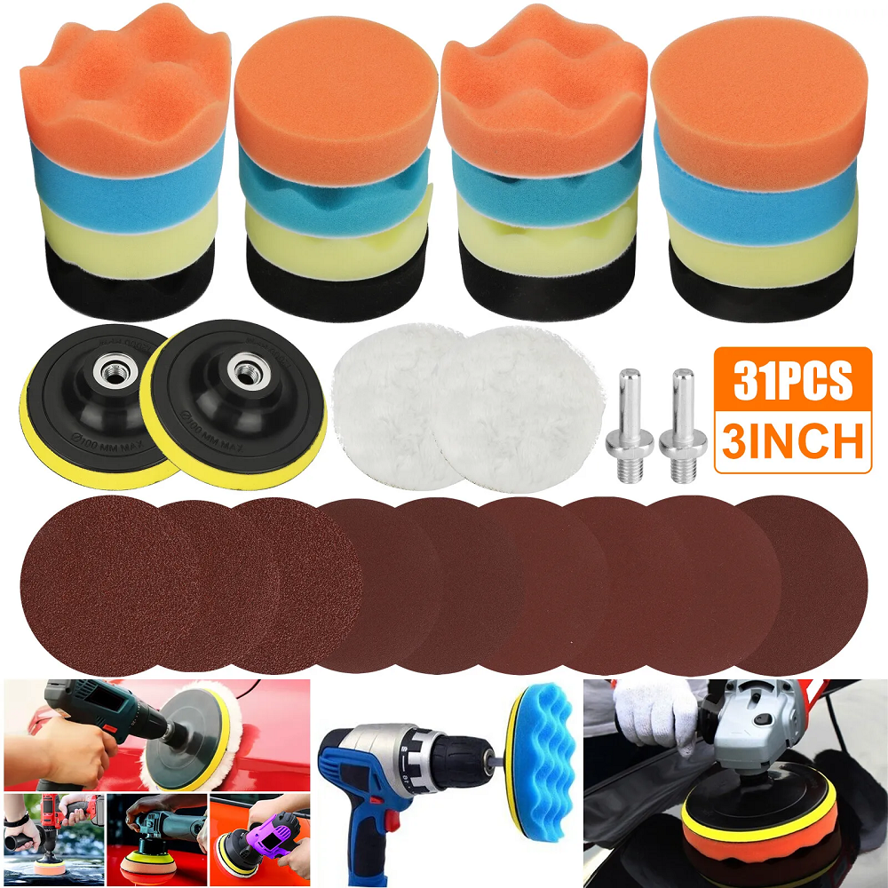 31PCS Foam Drill Polishing Pads Kit Car Hub Waxing Buffing Wheel Polisher 3"