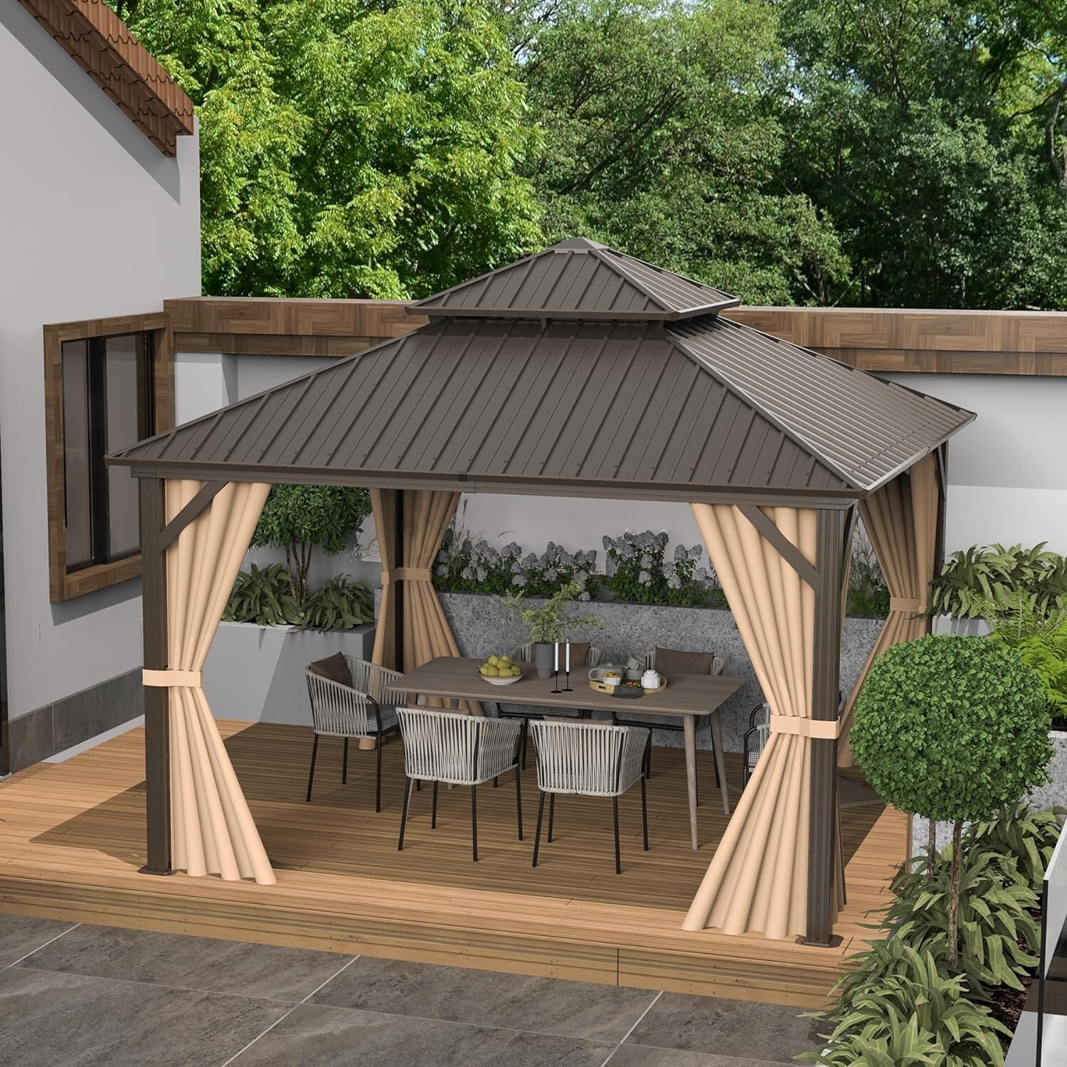 Domi 12’ x 12’ Hardtop Gazebo Outdoor Aluminum Gazebo w/Curtain and Net, Brown