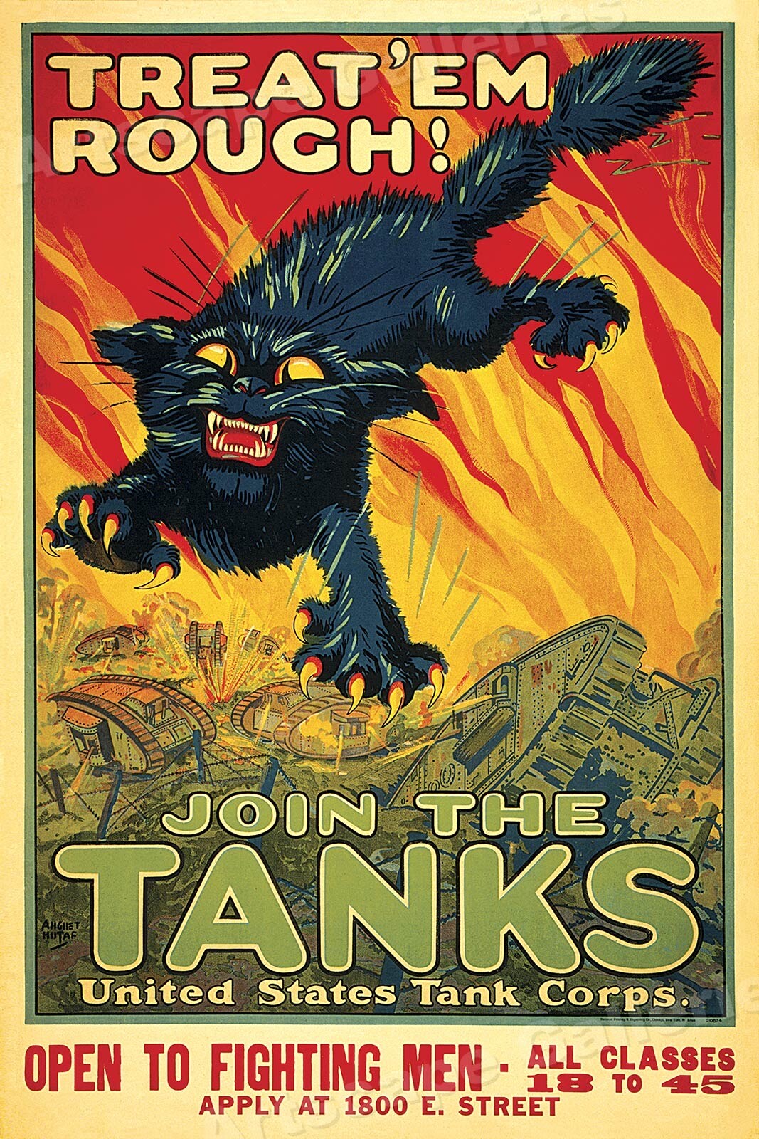Treat 'Em Rough! Join the Tanks! Black Cat WWI Tank Corp Army Poster - 20x30