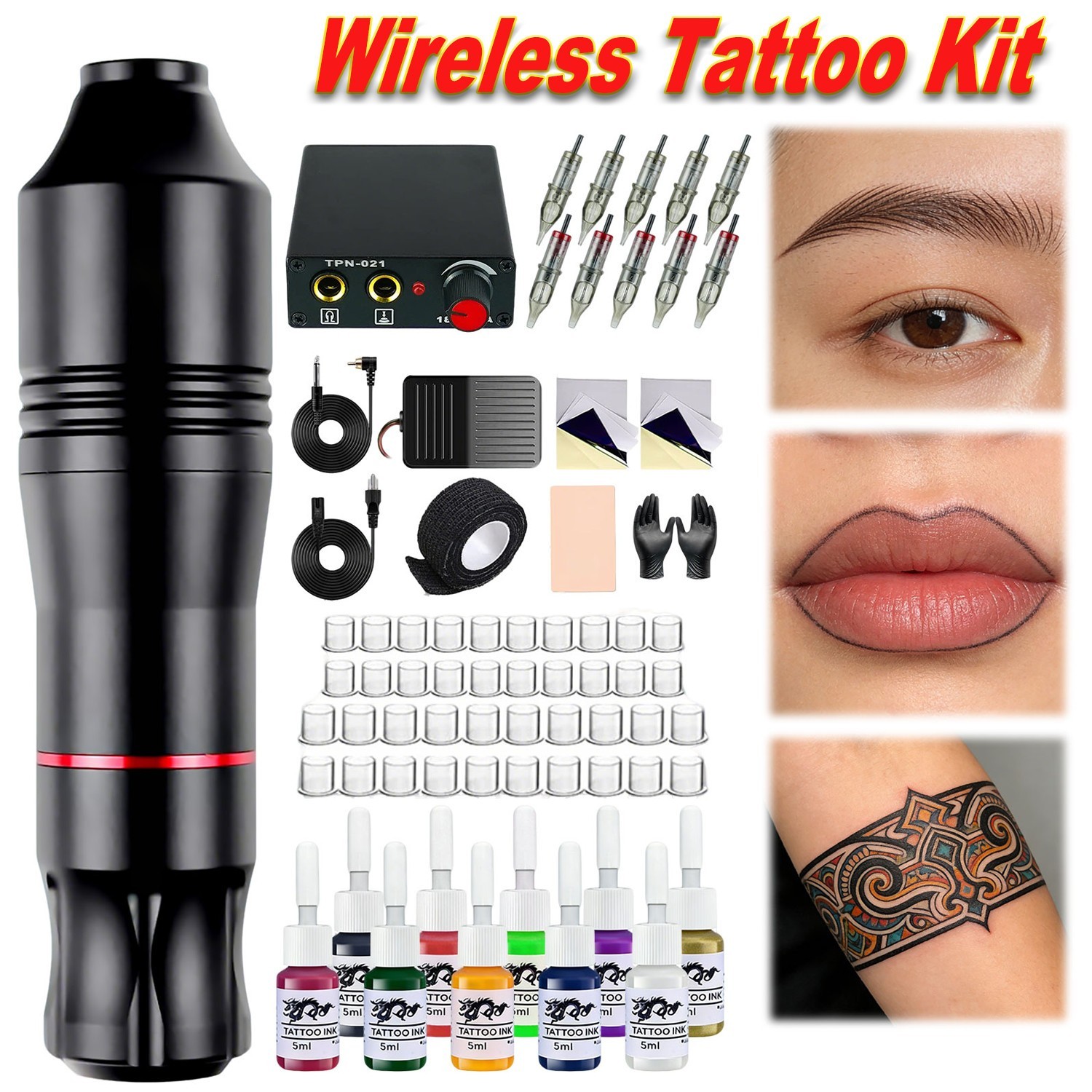 Wireless Tattoo Kit Complete for Beginners Pen Machine with Power Supply Needles