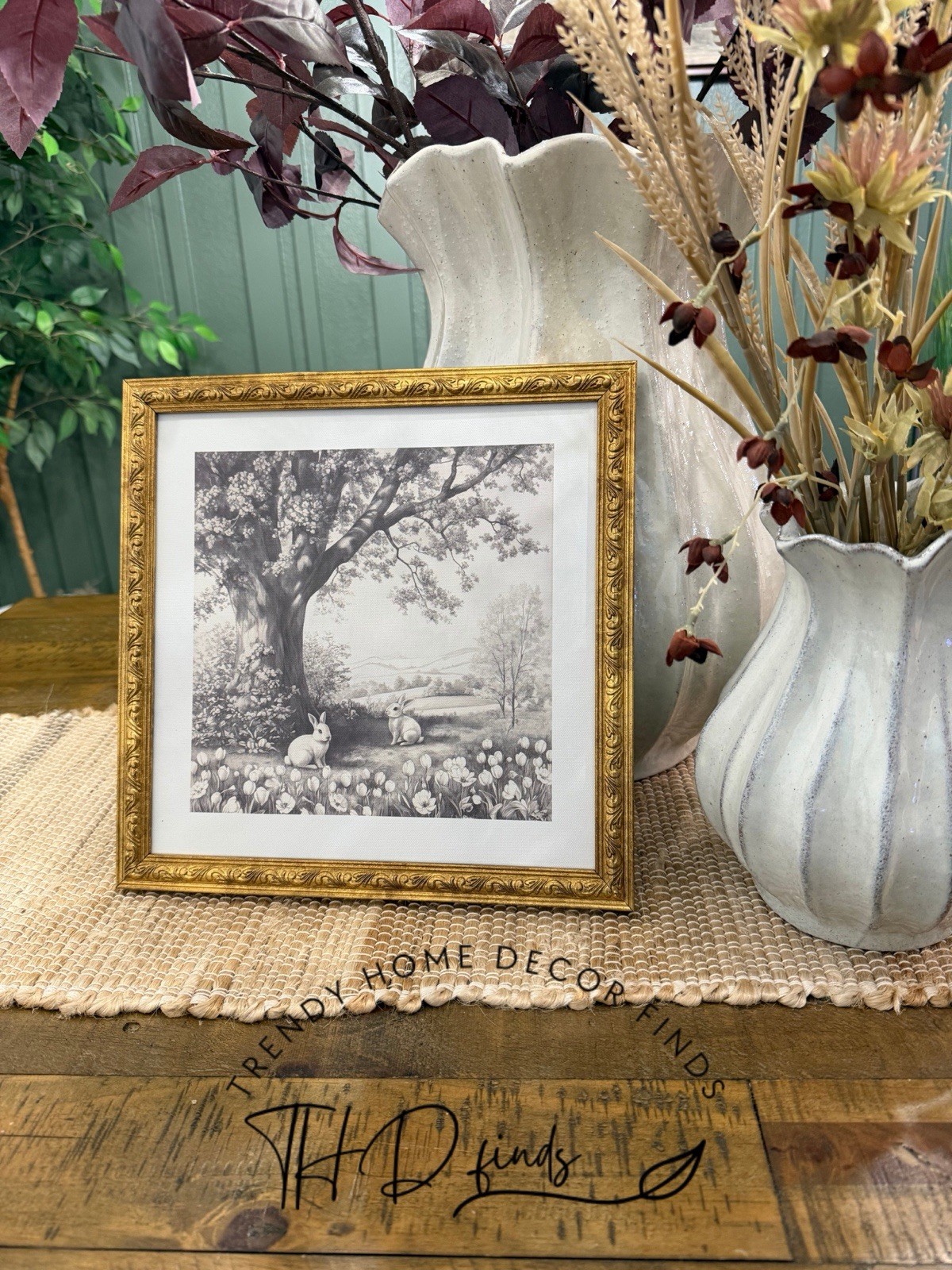 Bunnies in Nature Framed Easter Artwork, Black and White, 12" x 12", by My Texas