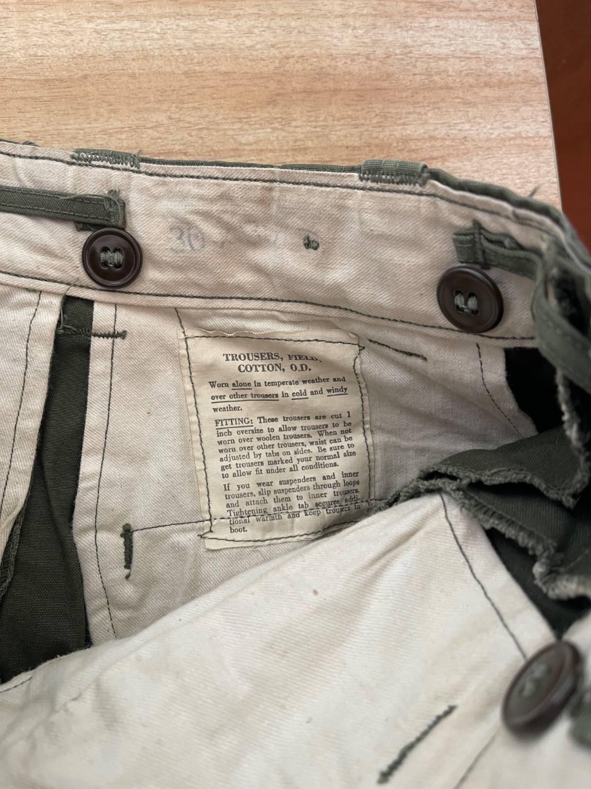 US Korean War M-1945 Field Combat Trousers. NOT M-1951. 30x30. Scarce.