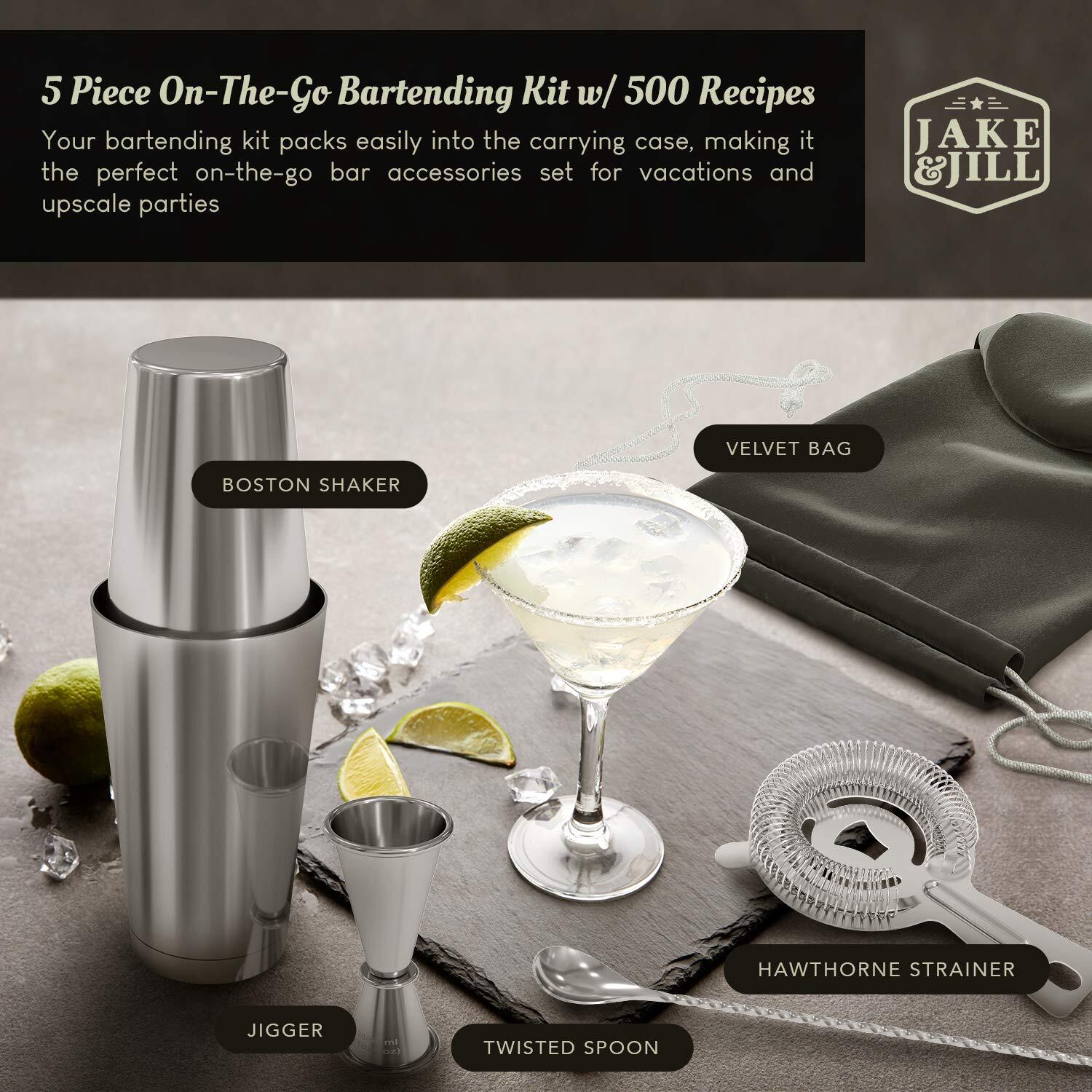 (5 Pc) Boston Cocktail Shaker Set w/ HD Strainer, High End Japanese Jigger & ...