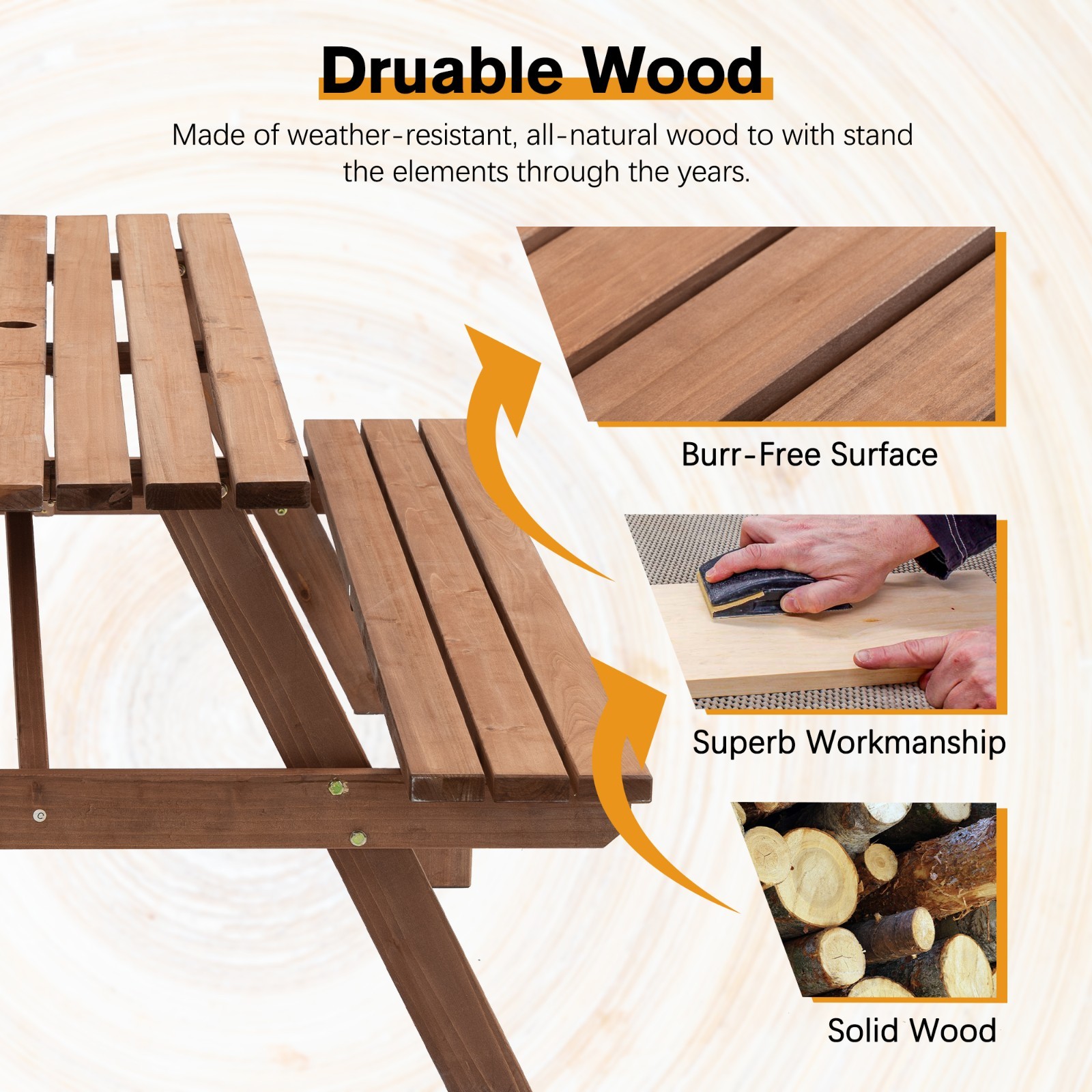 Durable Wooden Picnic Table 8-Seater with Umbrella Hole Weather-Resistant Brown