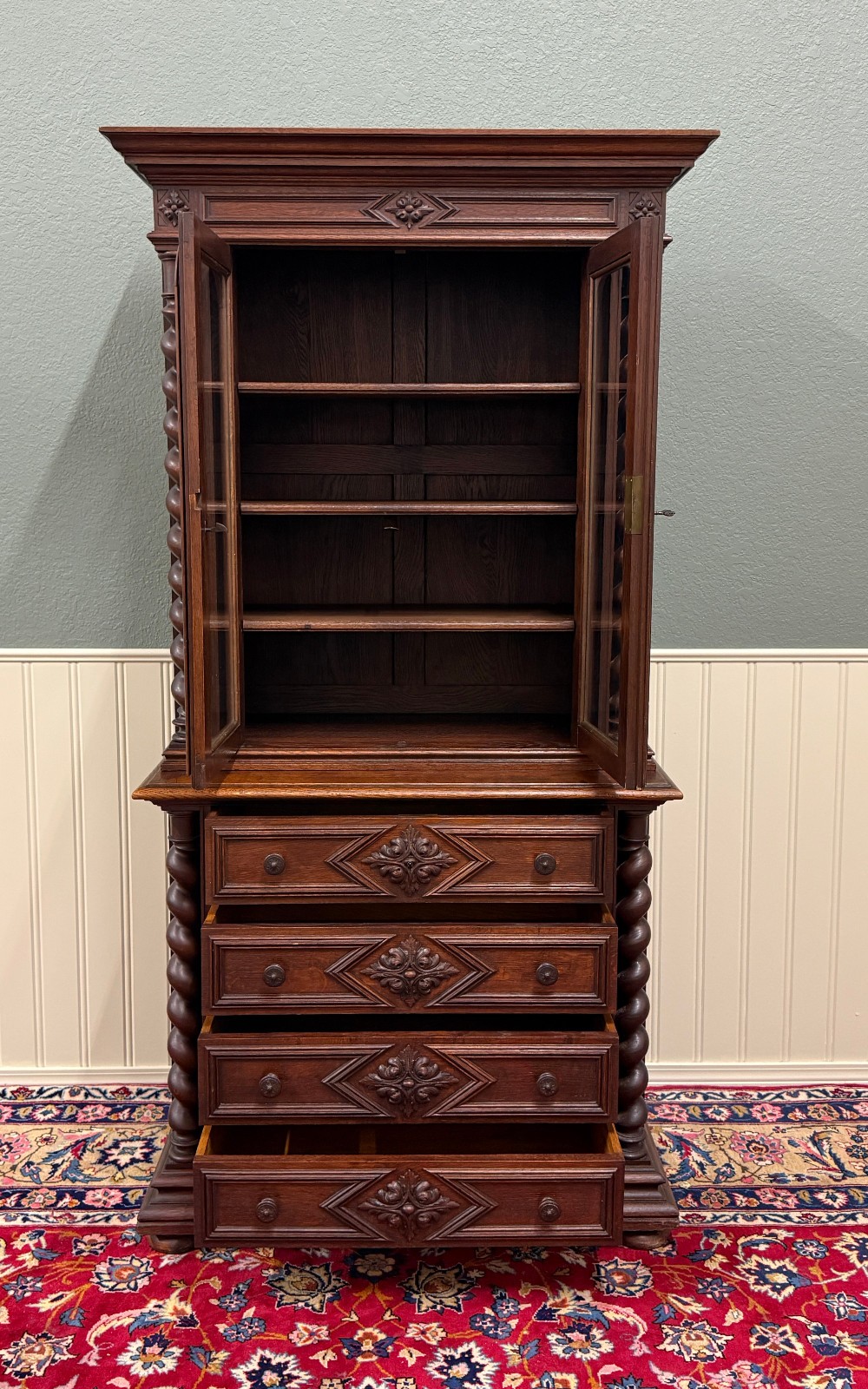 Antique French Bookcase & Chest of Drawers Display Cabinet Barley Twist Oak