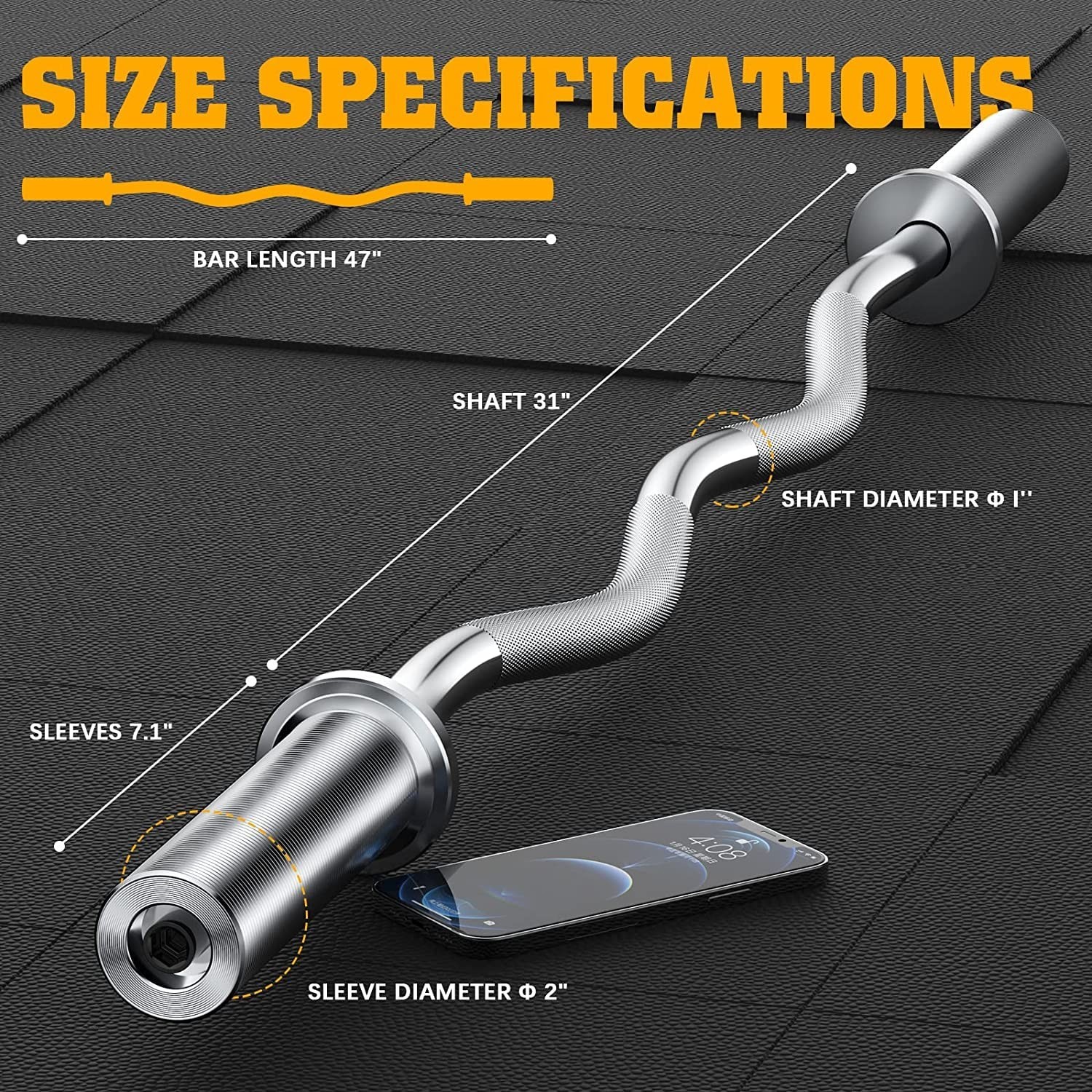 Olympic EZ Curl Bar 47" for Weight Lifting with 2 Spring Collars, Barbell
