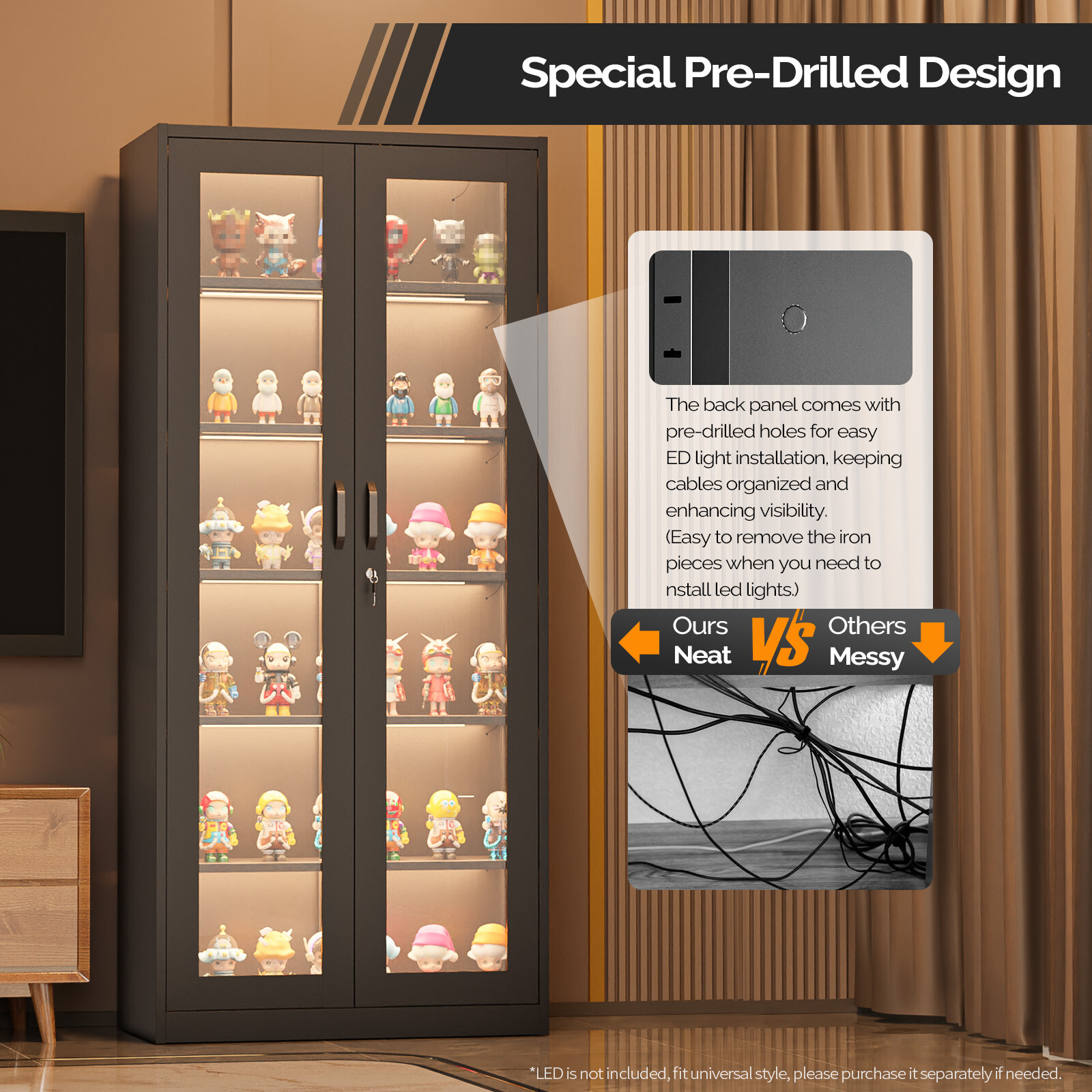 71" Tall Lockable Display Cabinet with Glass Doors & 5 Adjustable Shelves Black