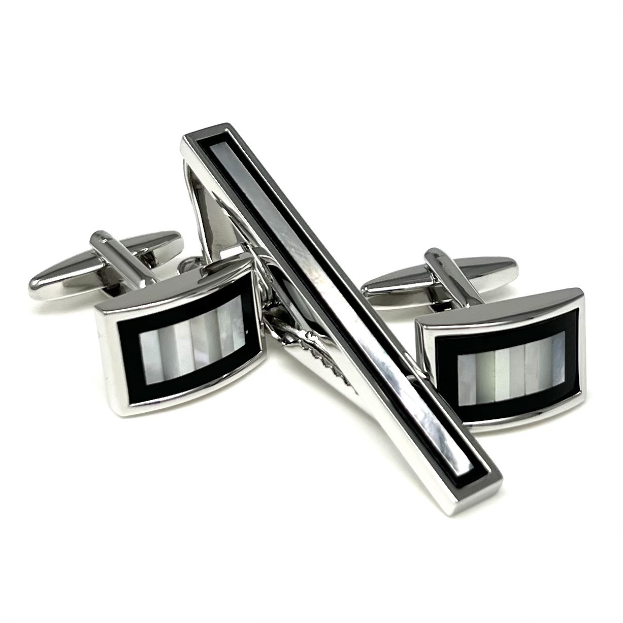 Mother Pearl Onyx Cufflinks And Tie Clip Set Men Birthday Wedding Gift