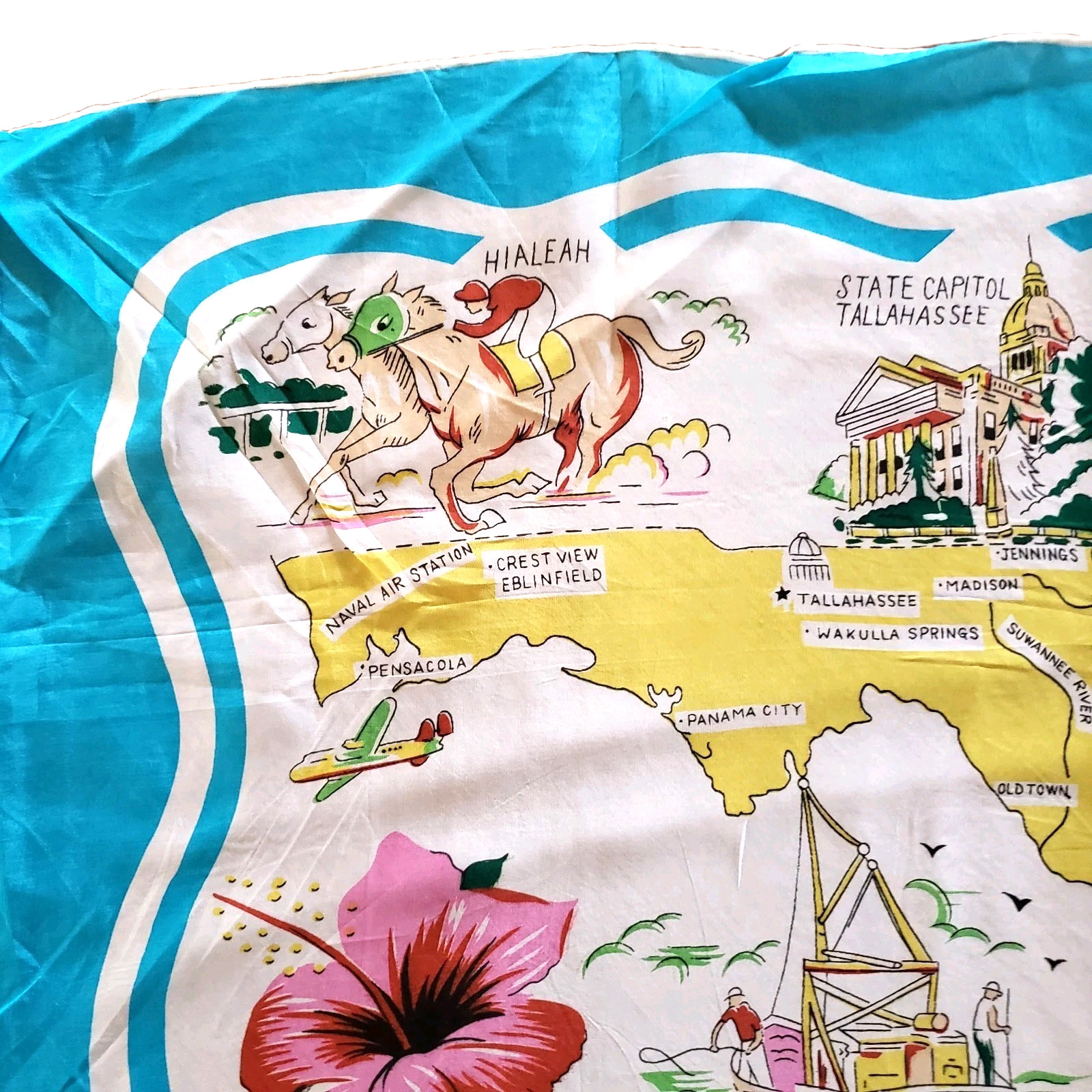 Vintage MCM Florida Map Scarf Rayon Turquoise Blue Hand Rolled Japan 30"X30"