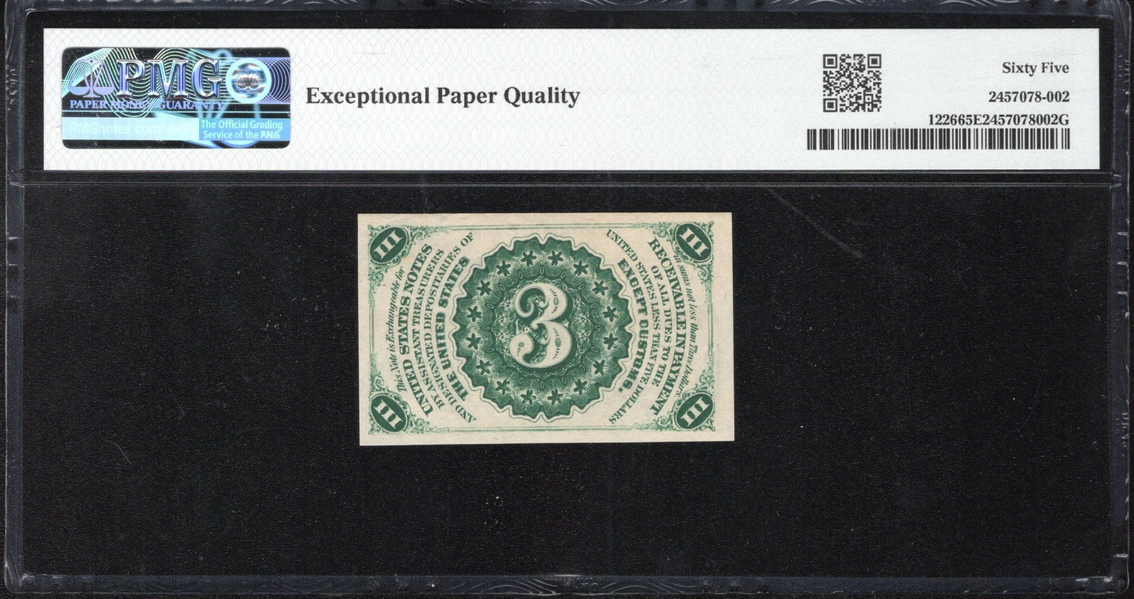 3rd Third Issue 3c Fractional Currency PMG 65 EPQ Fr 1226 Three Cent 078-002