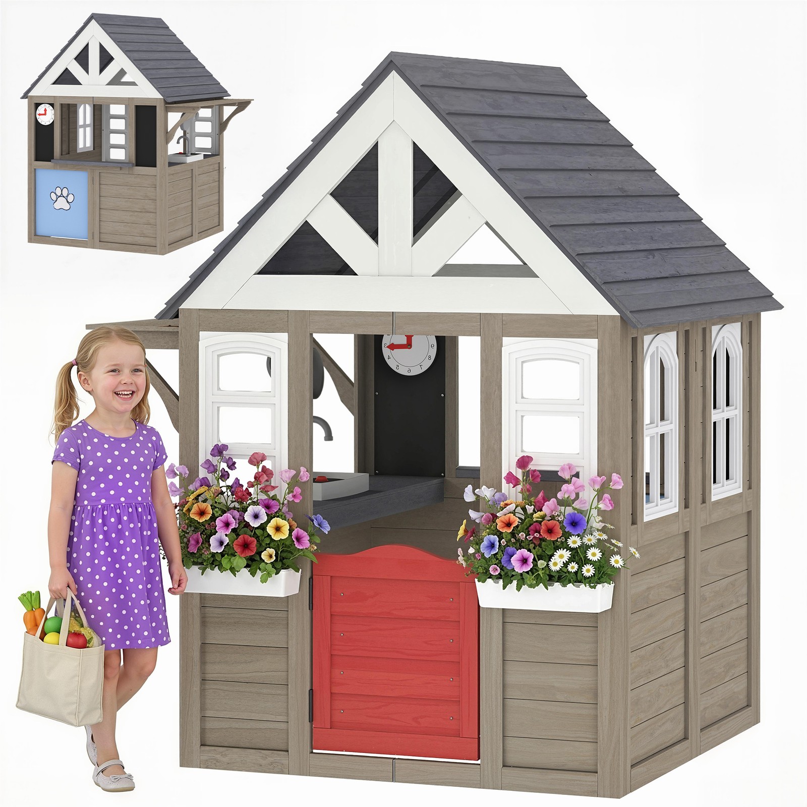Qaba Outdoor Playhouse with Dog Door, Flower Box, Cookware for Backyard