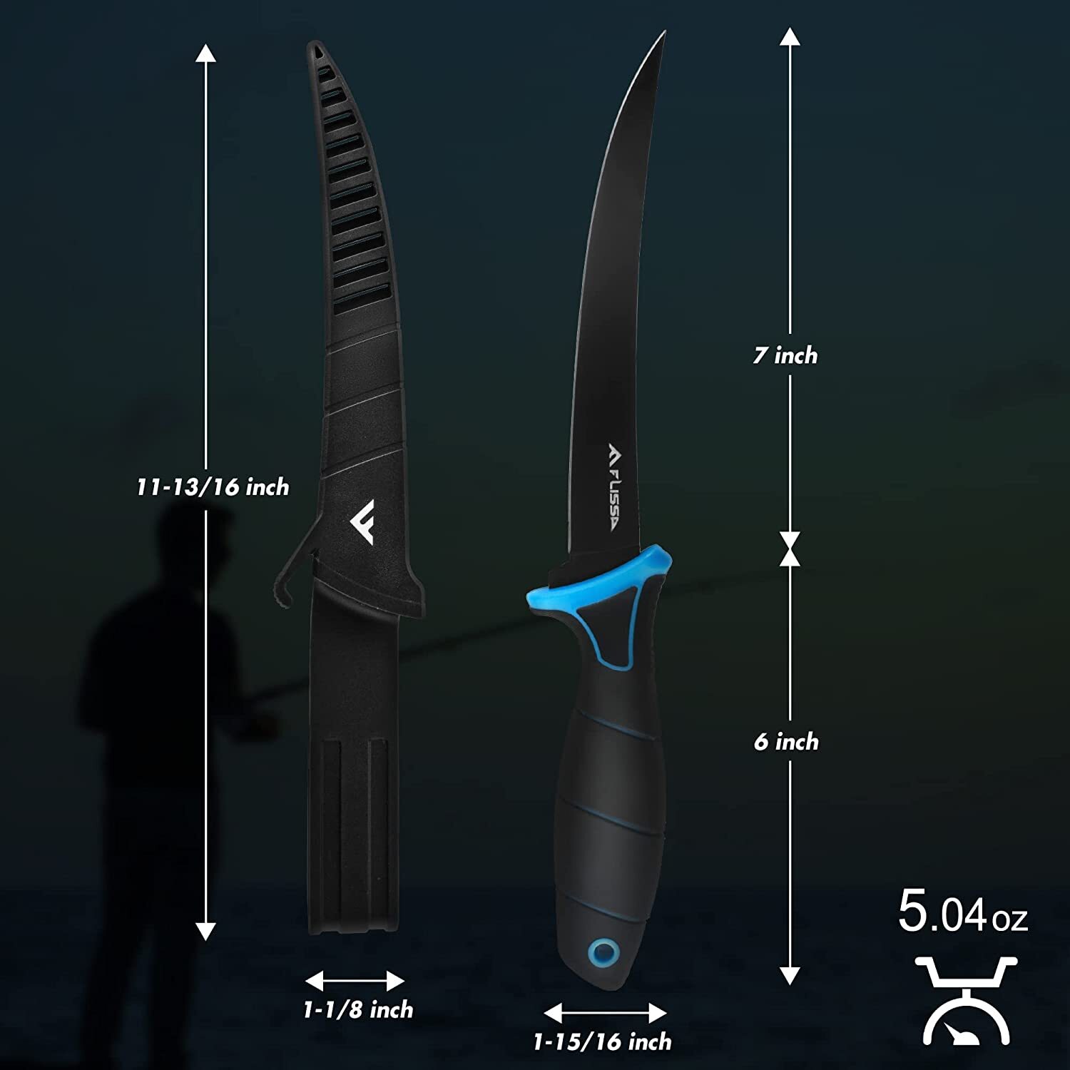 FLISSA Fillet Knife 5''/6''/7''/9''Cutting Notch Non-Slip Handle Lanyard Hole