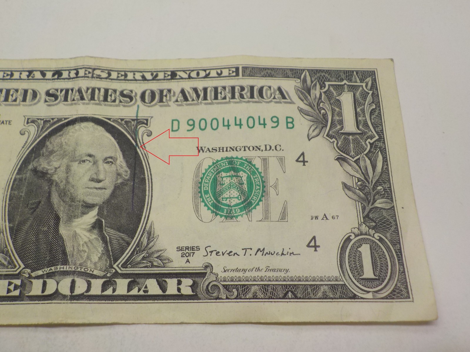 TRINARY GREEN INK DRIP ERROR D90044049B $1 ONE DOLLAR BILL FANCY SERIAL NUMBER