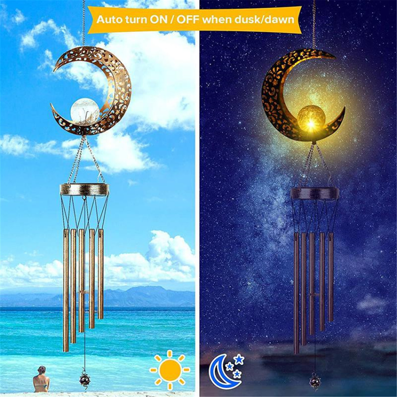 Solar LED Light Lamp Moon Wind Chimes Outdoor Home Solar Crackle Glass Ball Lamp