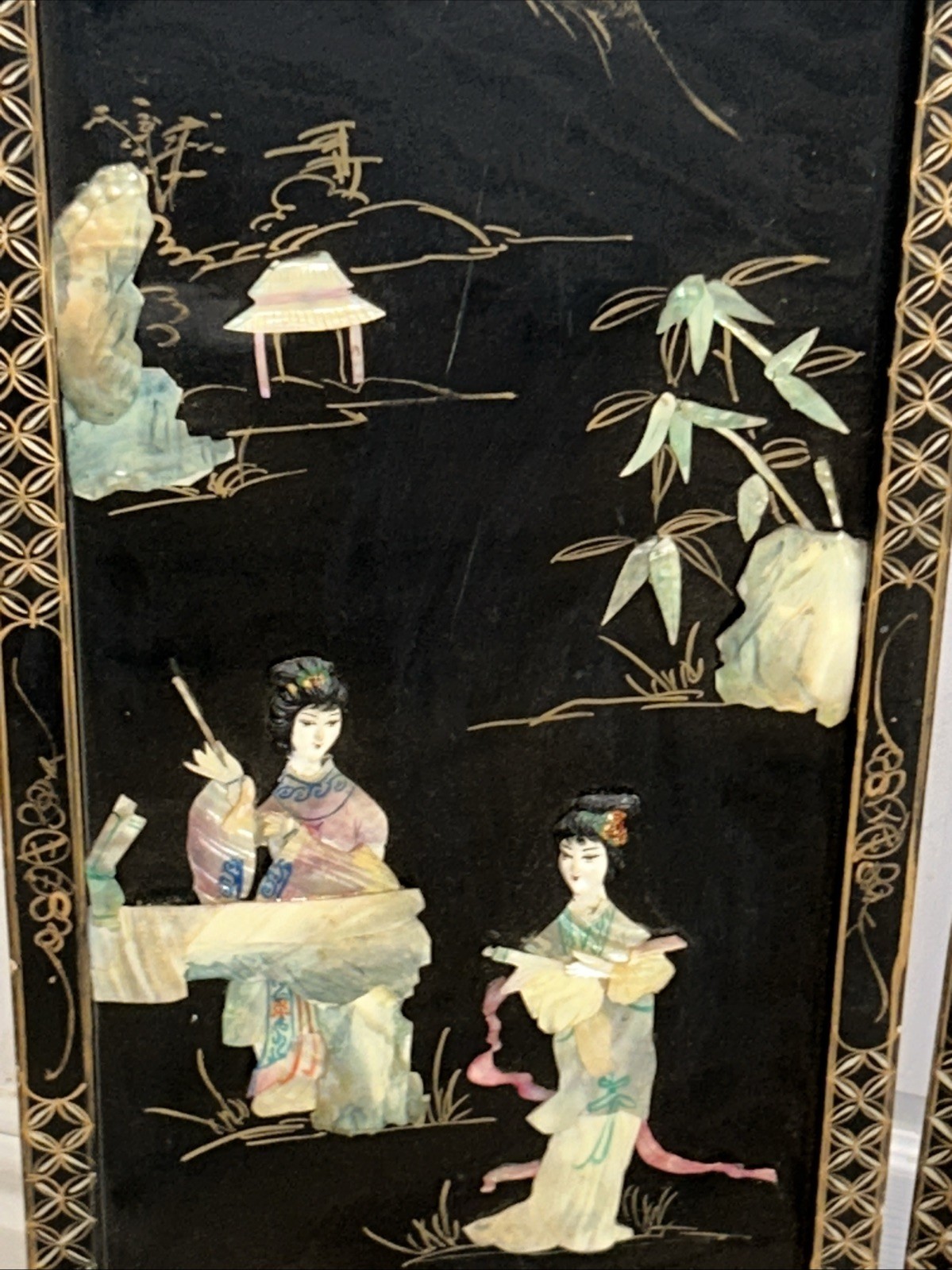 3 Vintage Laquered Asian With Mother of Pearl Panels 12”x 36” 2 Sets Available