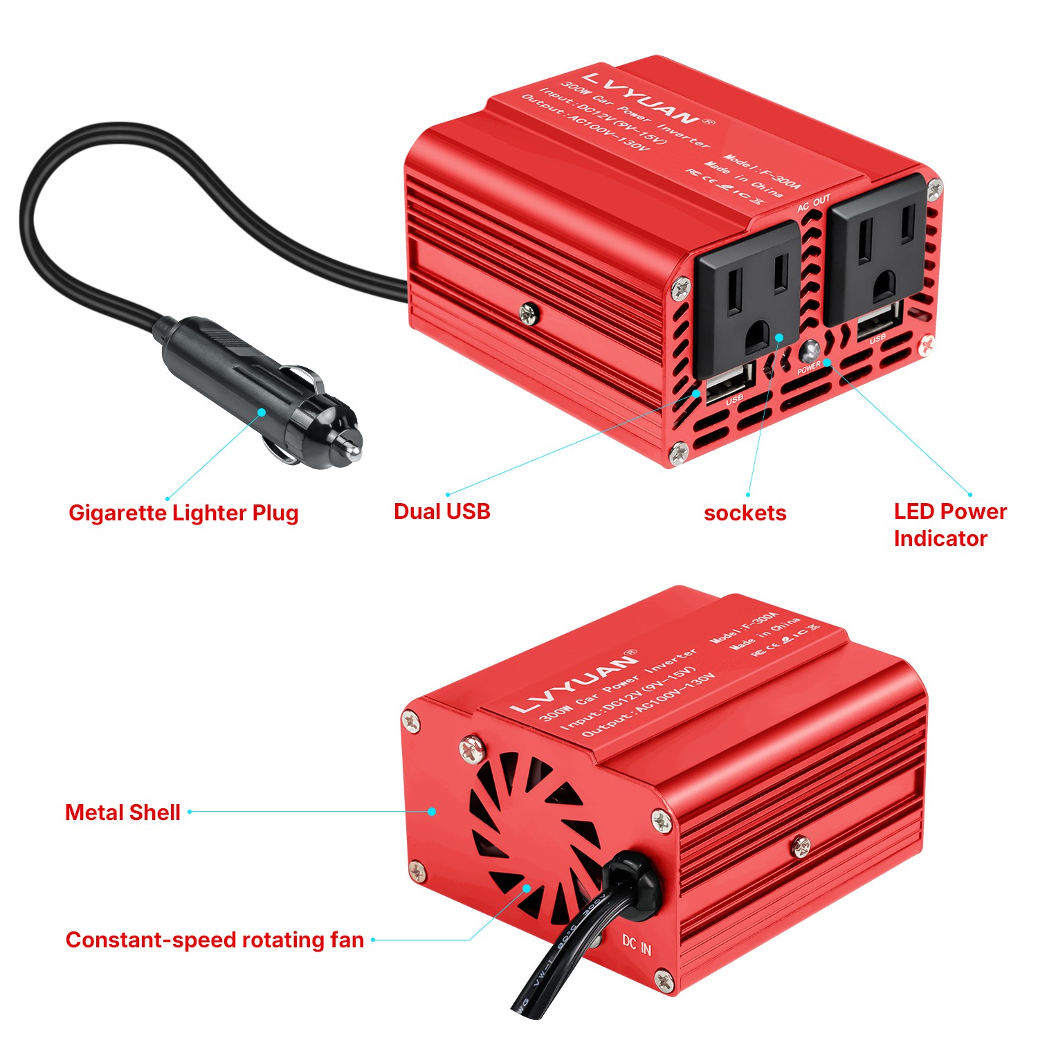 300W Power Inverter DC 12V to 120V AC Car Adapter with 2USB 2AC Red for Laptop