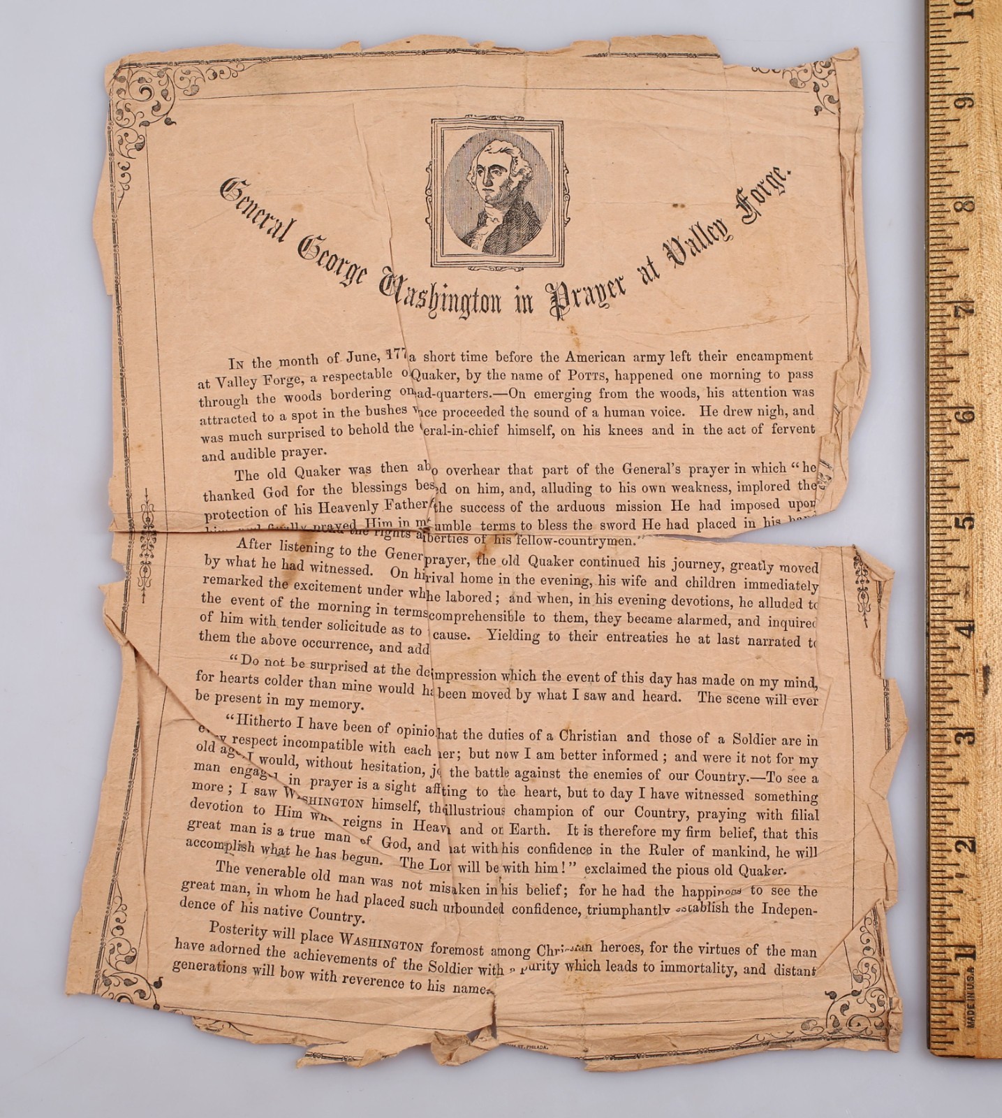 Antique 1800s General George Washington in Prayer at Valley Forge Broadside