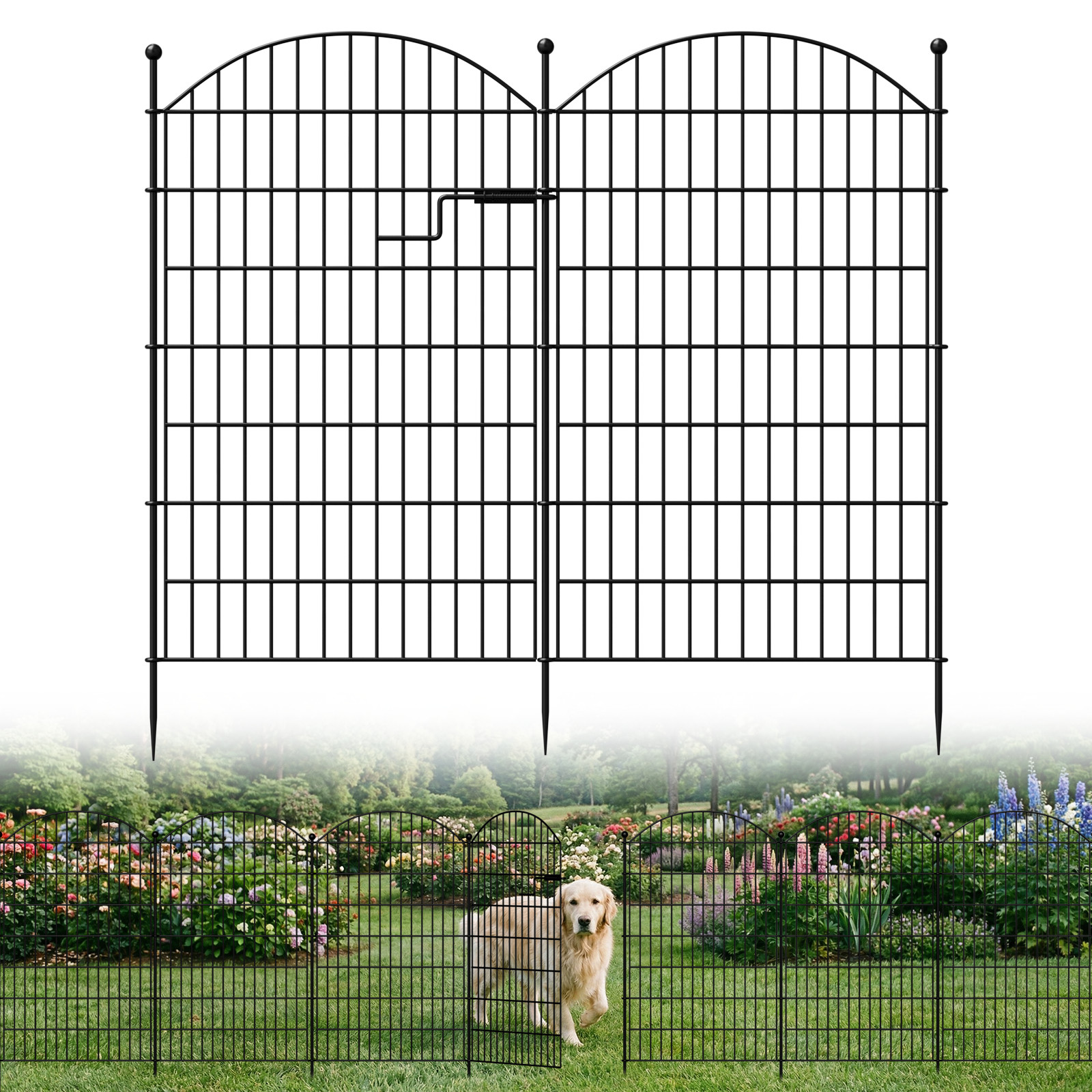 No Dig Decorative Garden Fence with Gate - 7/13 Panels, 40in H, Rustproof Metal