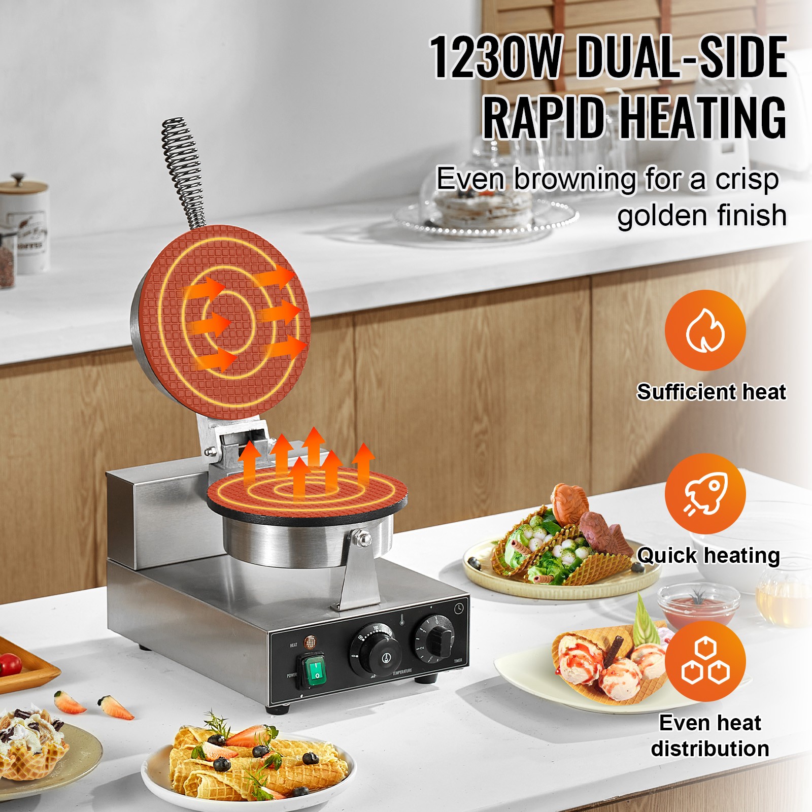 Electric Ice Cream Cone Maker Commercial Waffle Cone Egg Roll 1230W