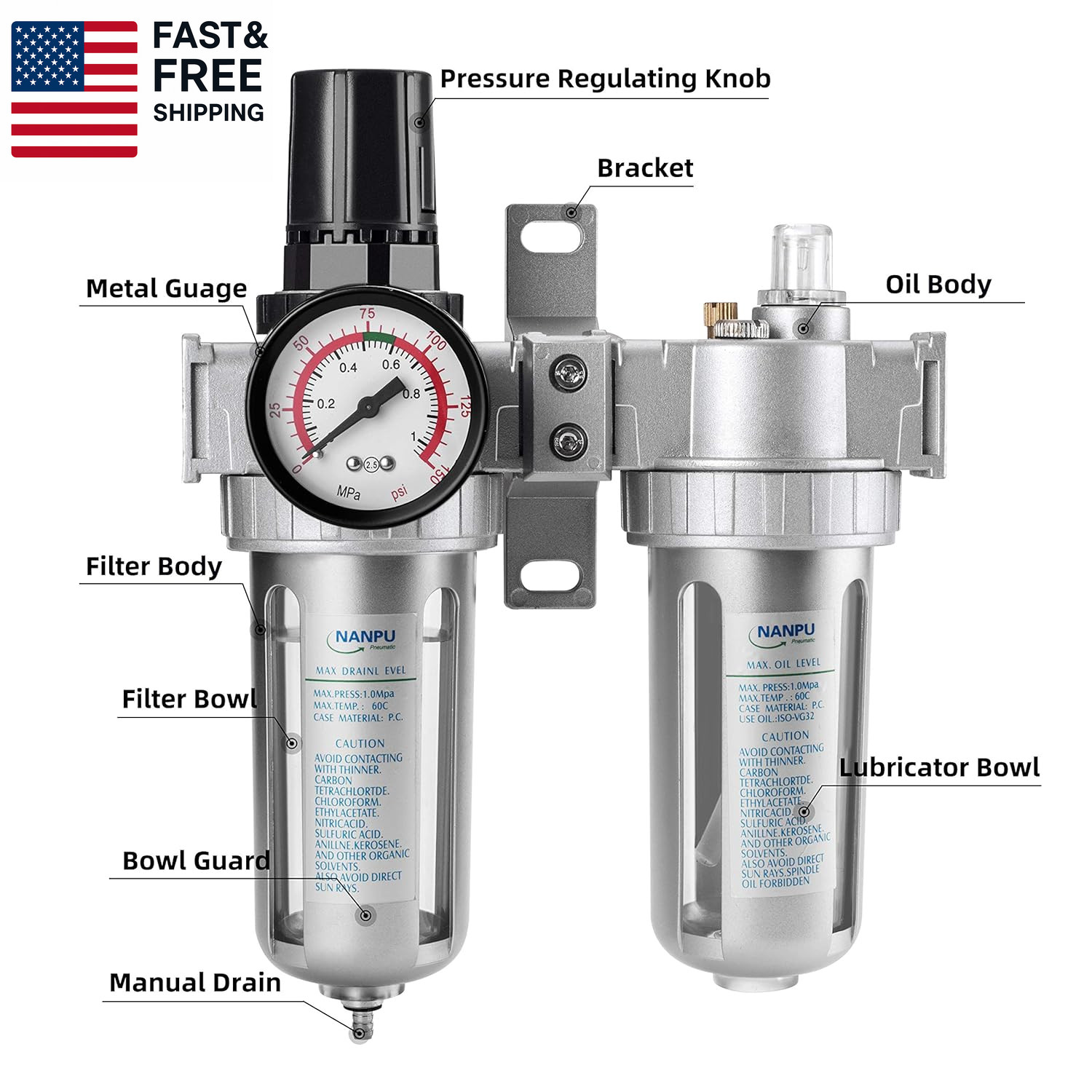 1/2" NPT Air Filter Pressure Regulator Lubricator Dryer Gauge Kit Water/Oil Trap