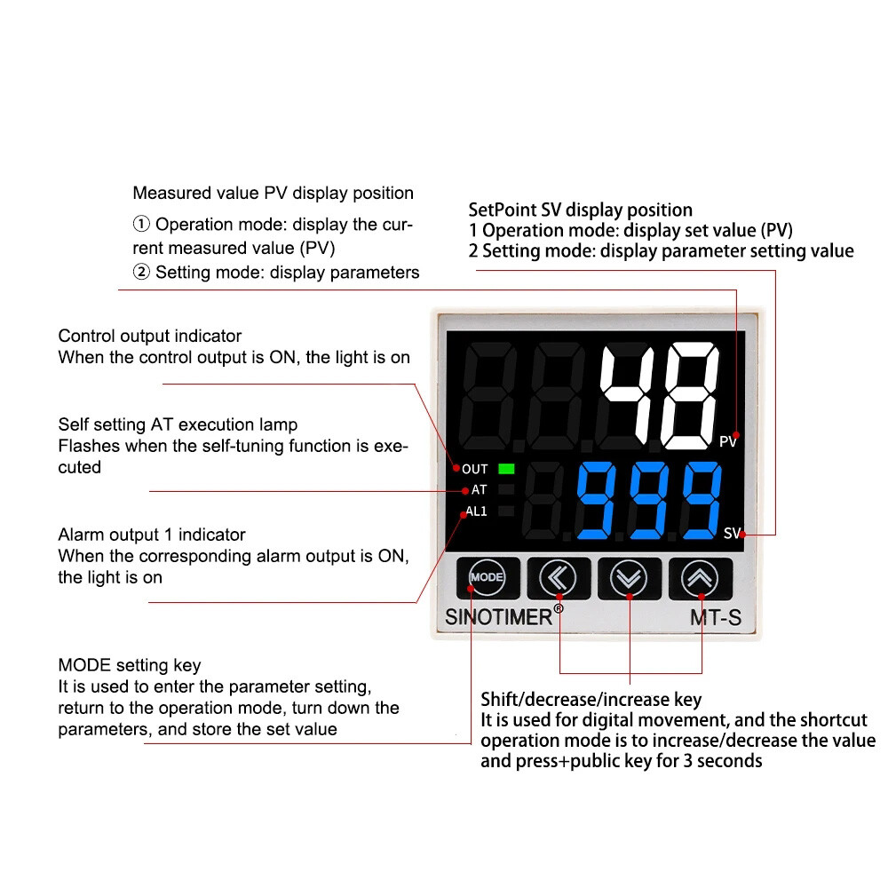 MT- Digital PID Thermostat Temperature Controller Relay/SSR Dual Output 0-999℃/℉