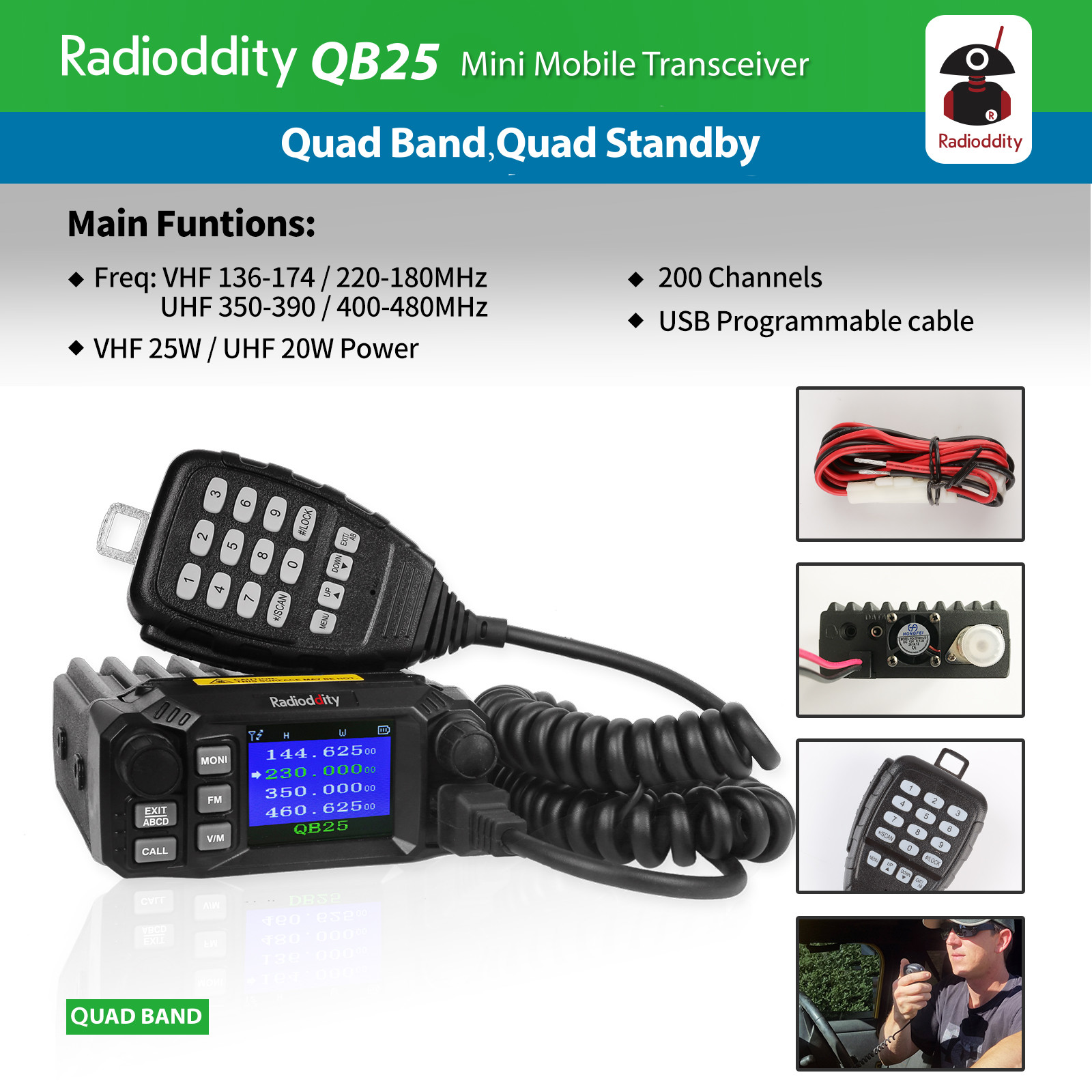 Radioddity QB25 Pro Quad Band 25W Car Mobile Radio Transceiver + Long Antenna