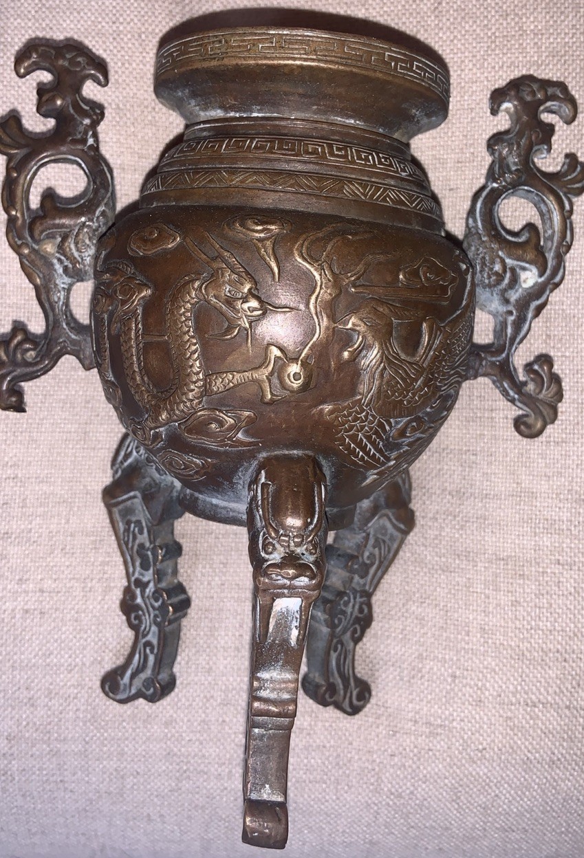 ANTIQUE CHINESE COPPER BASE BRASS DRAGON overlay TRIPOD CENSER SIGNED
