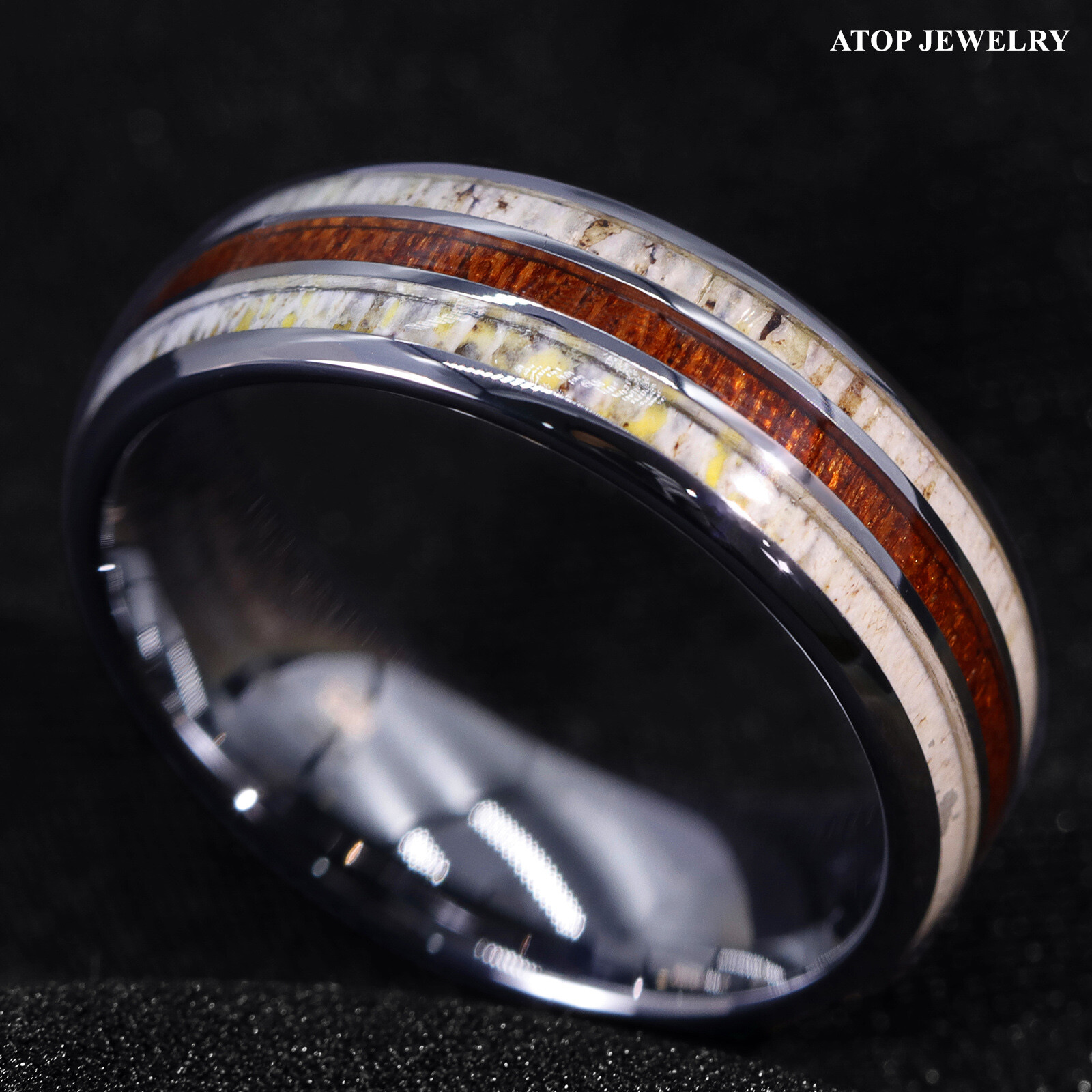 8mm Silver Tungsten Ring With Deer Antler Koa Wood Men Wedding Band ATOP Jewelry