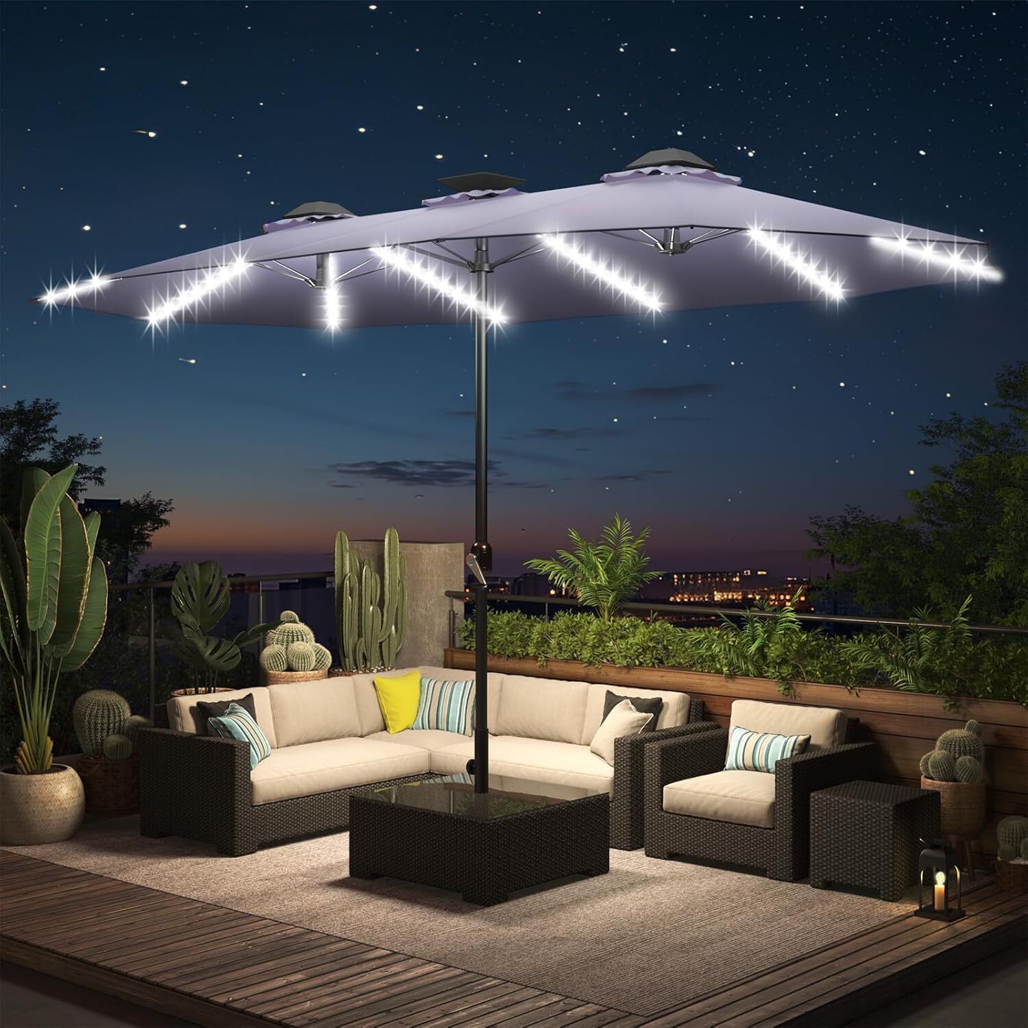 Solar 15ft Double Sided Patio Umbrella with Crank Handle & Integrated LED Lights