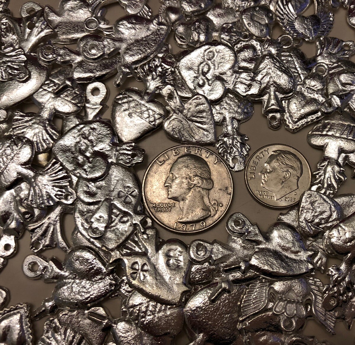 25 Milagro HEART Charms Mexican Folk Art SILVER All HEARTS Charm Lot