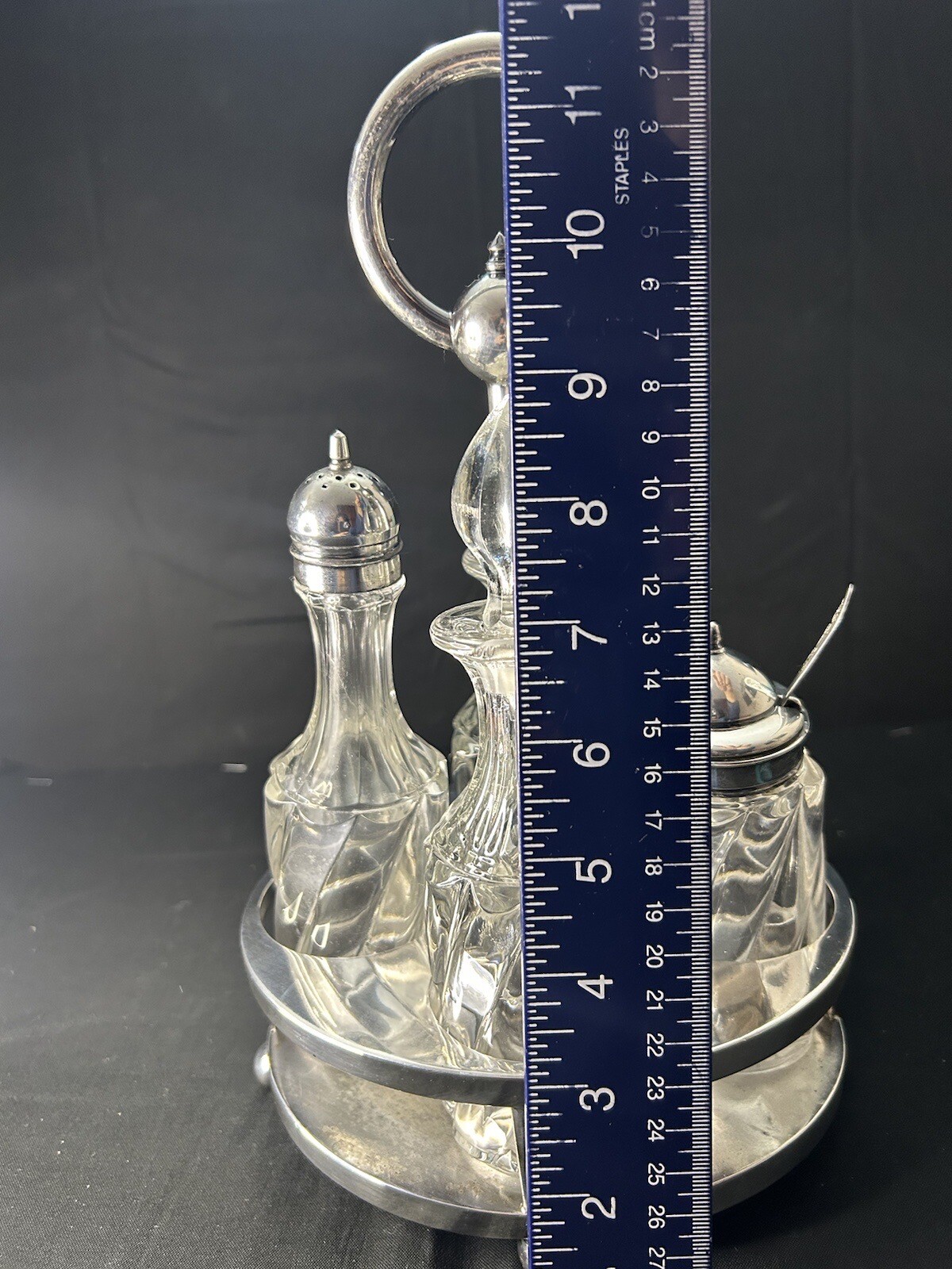 RARE Antique Manganese Glass Cruet Set Meriden Quadruple Plate Caddy c1900 READ