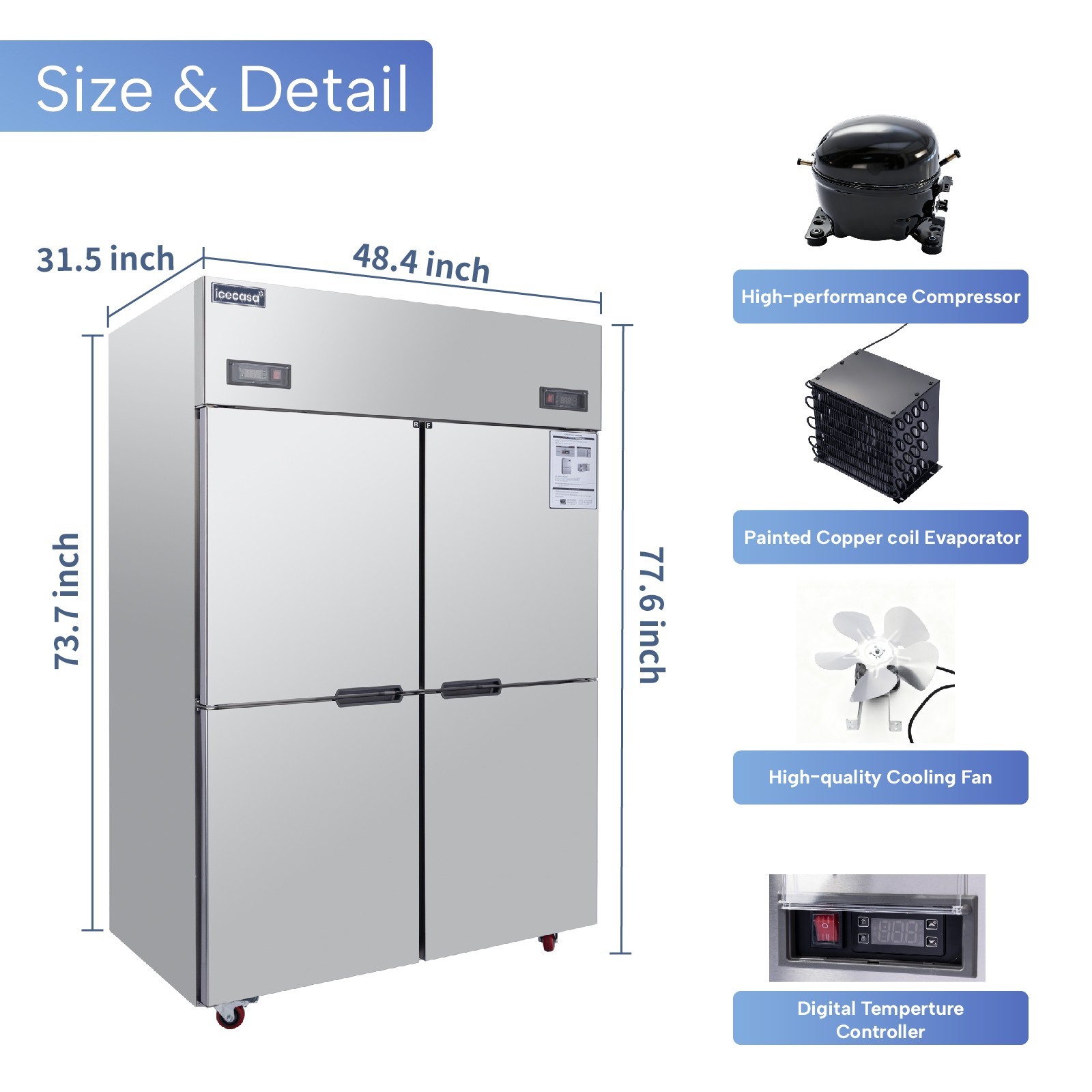 ICECASA 48" Commercial Refrigerator Freezer Combo Split Door 33 Cu.ft Stainless