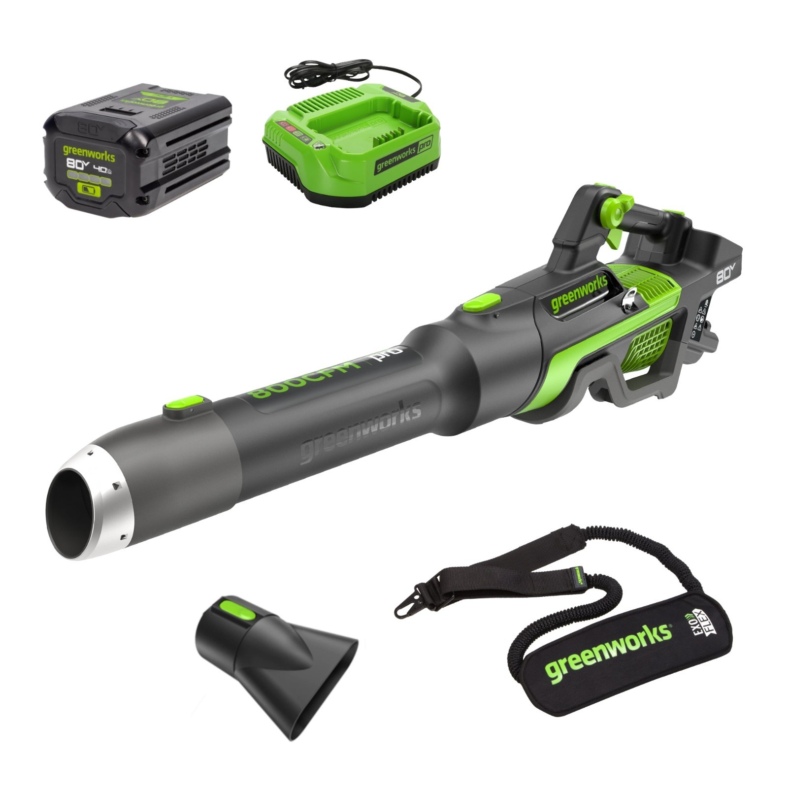 Greenworks 80V 800CFM Leaf Blower w/ 4Ah Battery 2A Charger & Shoulder Strap