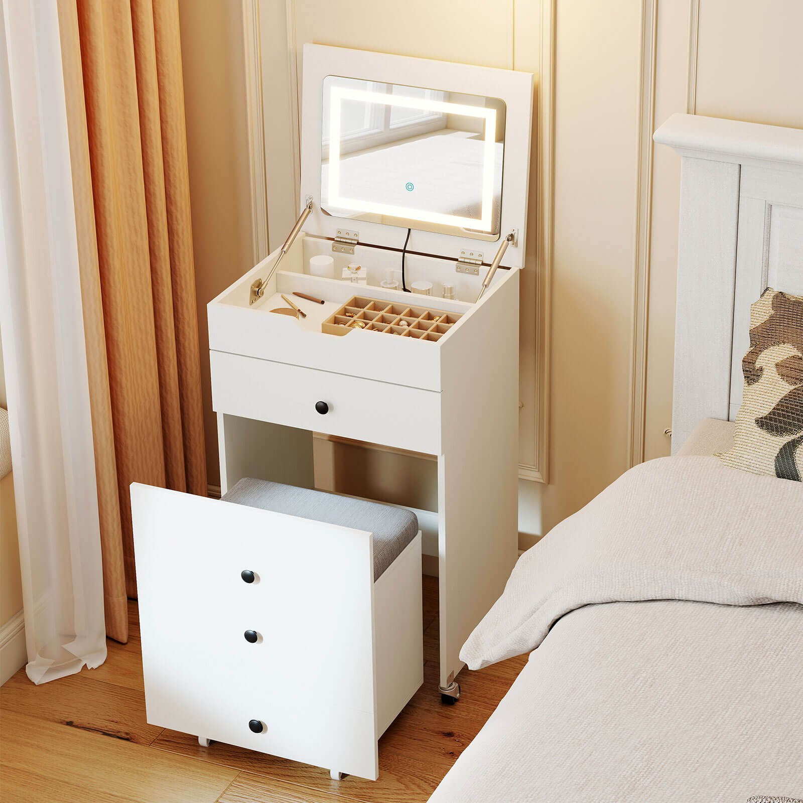 3-in-1 Small Vanity Desk Set w/Flip-top Mirror, Lights, Drawers, Storage Stool
