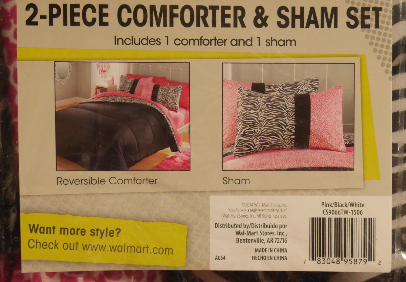 NIP YOUR ZONE 2 PC. REVERSIBLE COMFORTOR & SHAM TWIN SIZE SET PINK,BLACK & WHITE