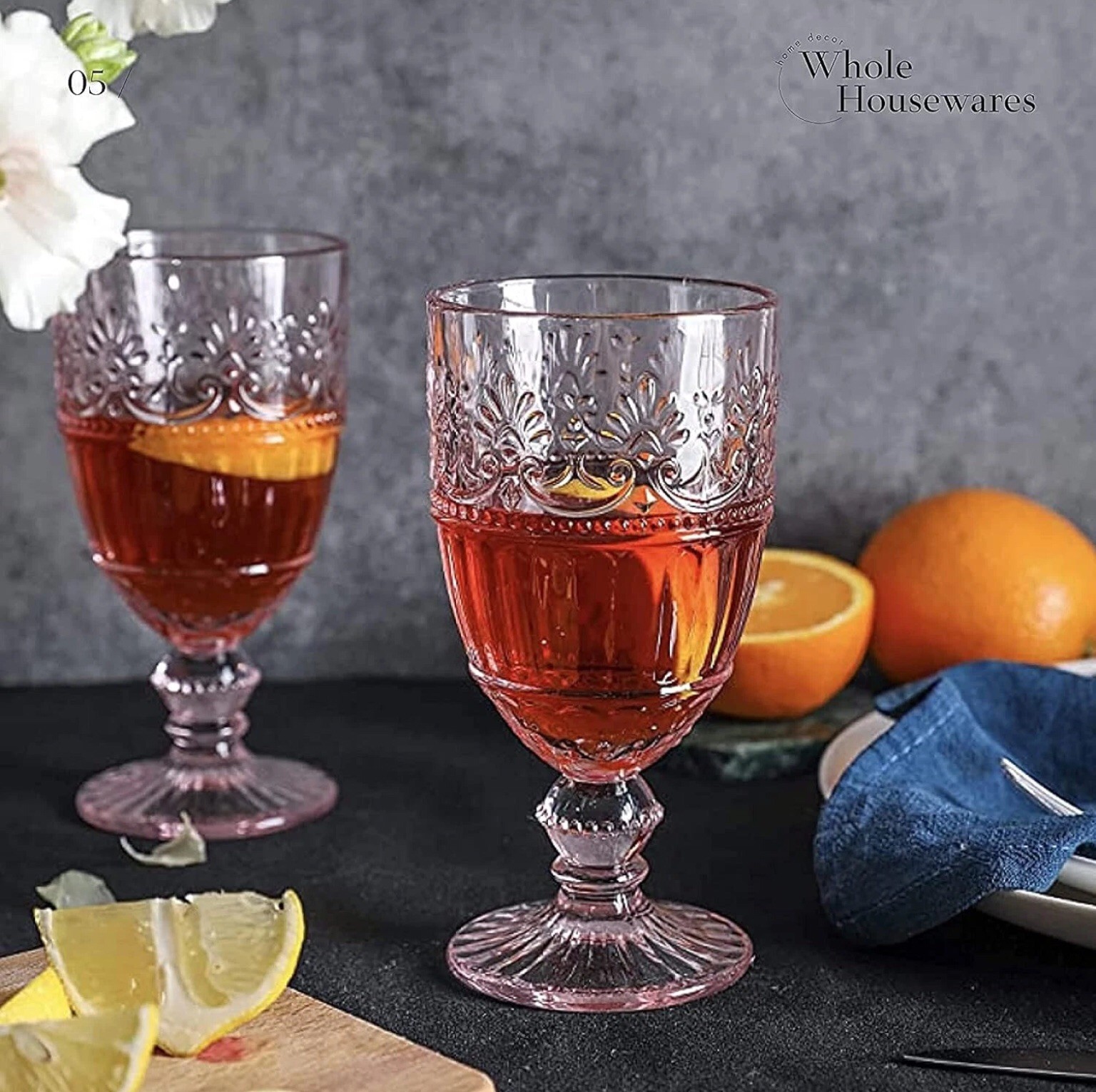 Whole Housewares Pink Coloured Glass Goblets Set of 6 Vintage 11.5 oz New!