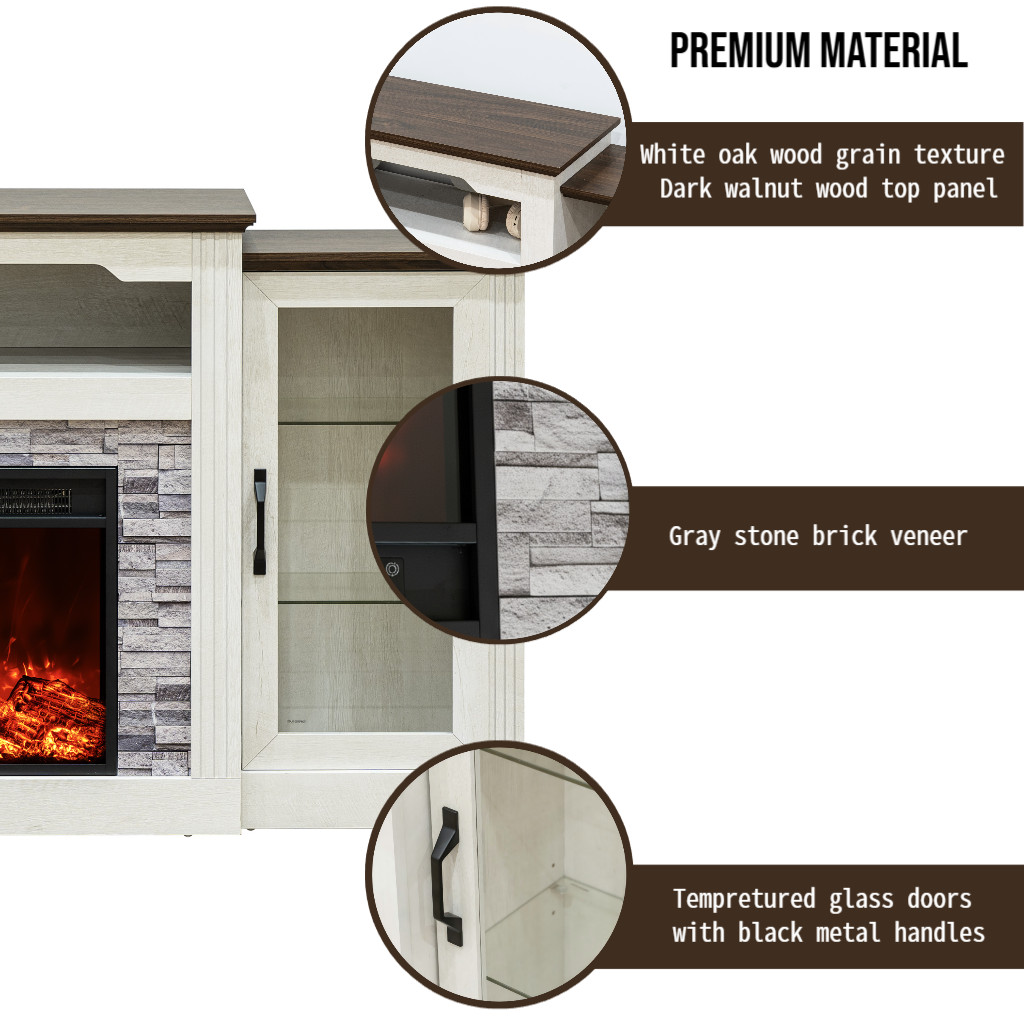 70” White Electric Fireplace TV Stand Glass Door Storage Cabinet for 65–75” TV