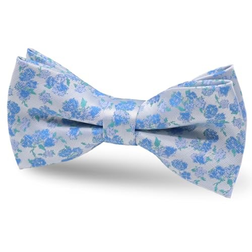 Pre-tied Floral Bow Ties for Men Adjustable Flower Pattern Satin Blue,white